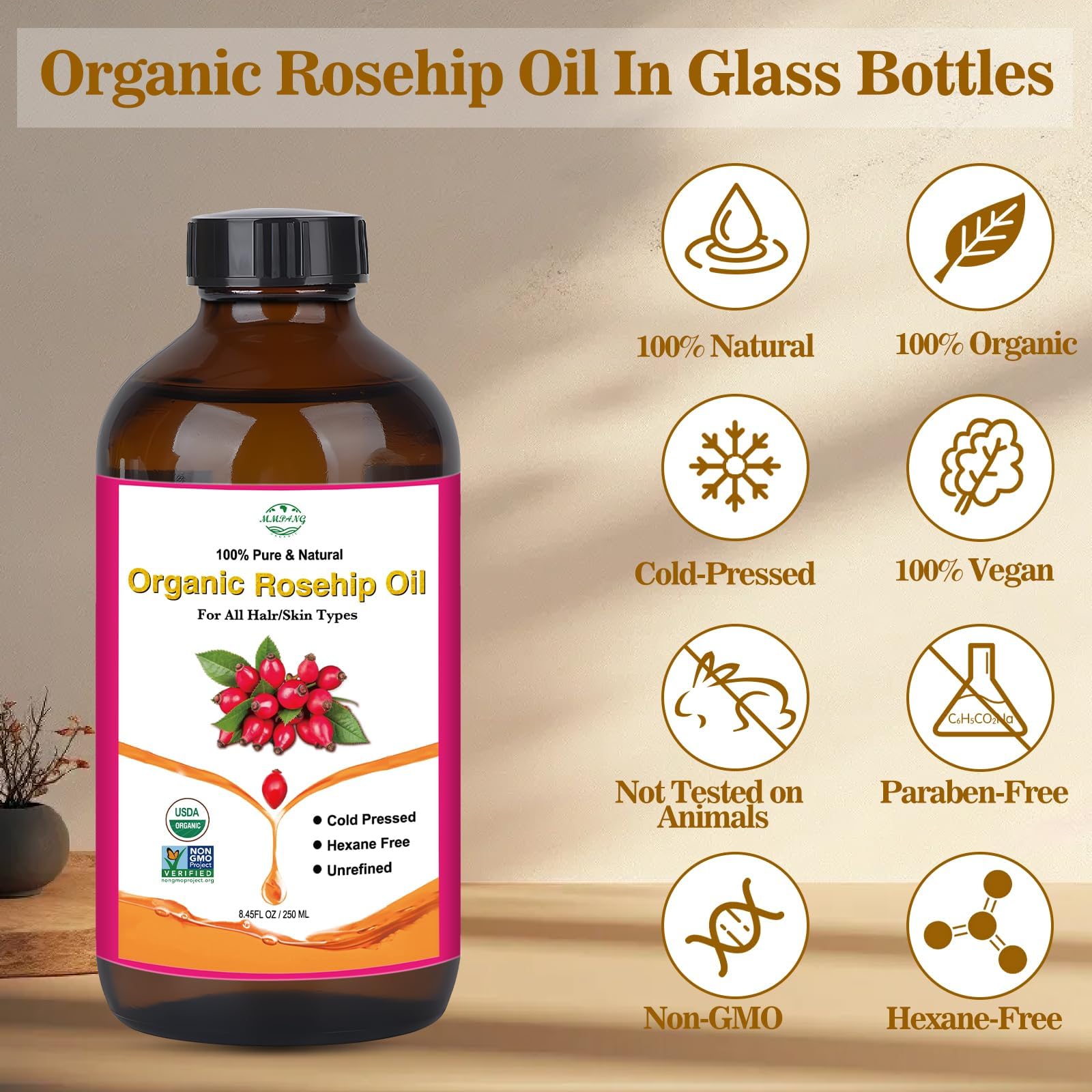 Mmpang Rosehip Seed Oil For Face, 100% Pure Natural Organic Rosehip Oil Cold Pressed Unrefined Facial Oil For Anti-Aging, Acne S