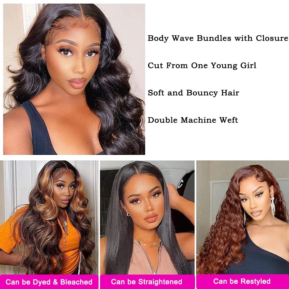 10A Brazilian Body Wave Bundles With Closure Human Hair (16 18 20+14 Inch) 100% Unprocessed Weave 3 Bundles Human Hair With 4X4