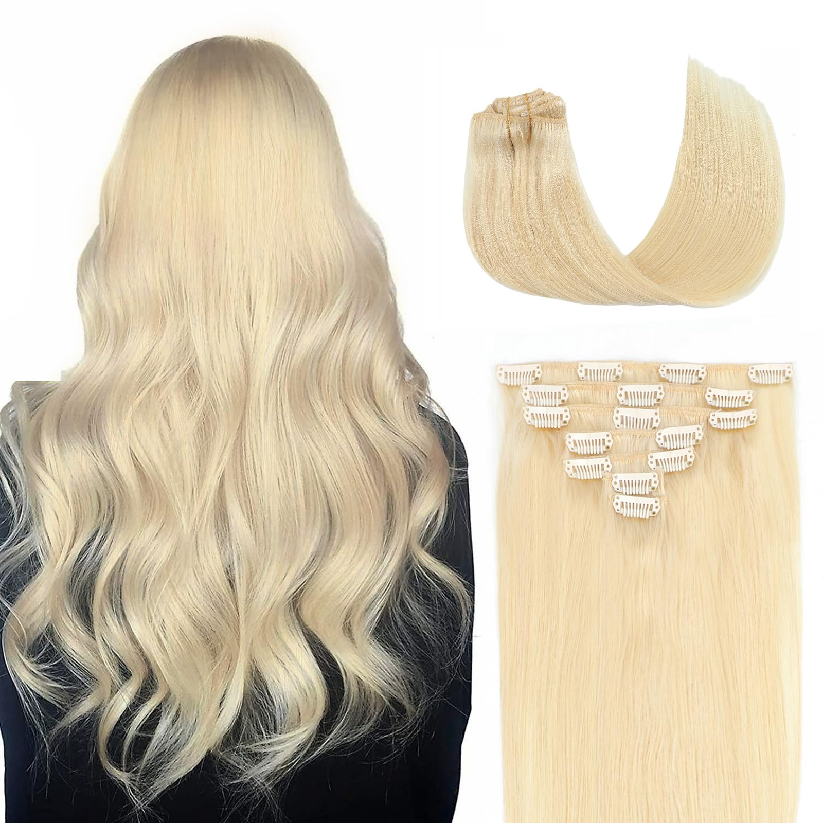 Befana Bleach Blonde Clip in Hair Extensions,100% Real Human Hair,12inch 7Pcs 70g Straight Silky #613 Bleach Blonde Hair Extensi