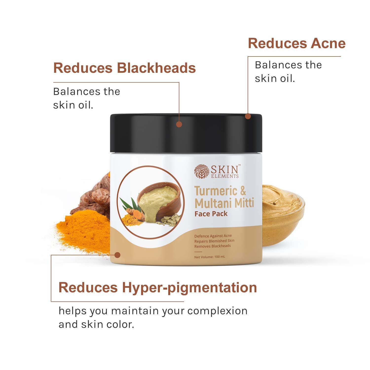 Skin Elements Fullers Earth (Multani Mitti) & Turmeric (Haldi) Natural Face Pack for Healthy & Glowing Skin | Reduces Dark Spots
