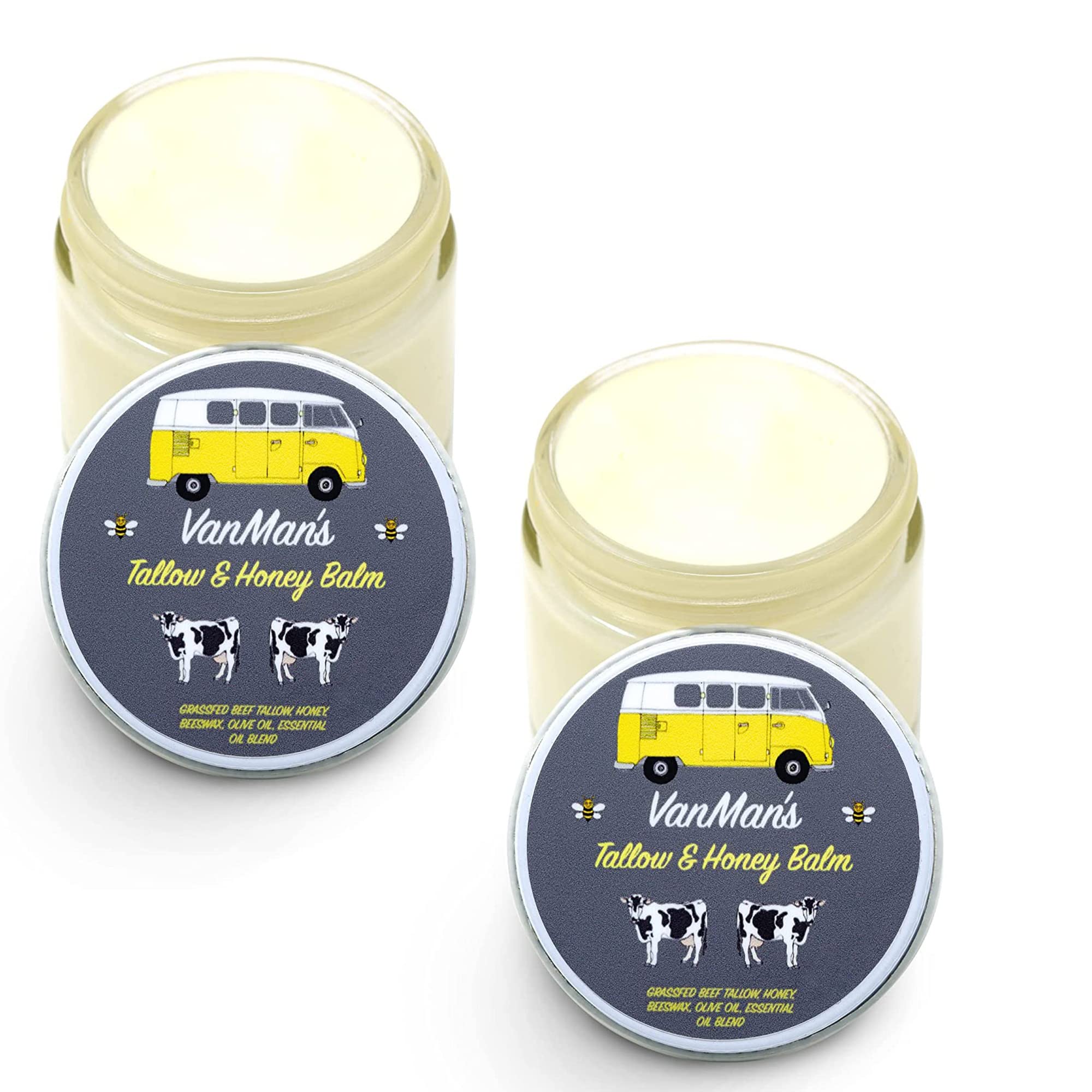 Vanman's NO ADDED SCENT Tallow and Honey Balm (2 oz) - 2 Pack - Grass Fed Beef Tallow & Honey Balm w/Vitamins A, K, D, E - Tallo