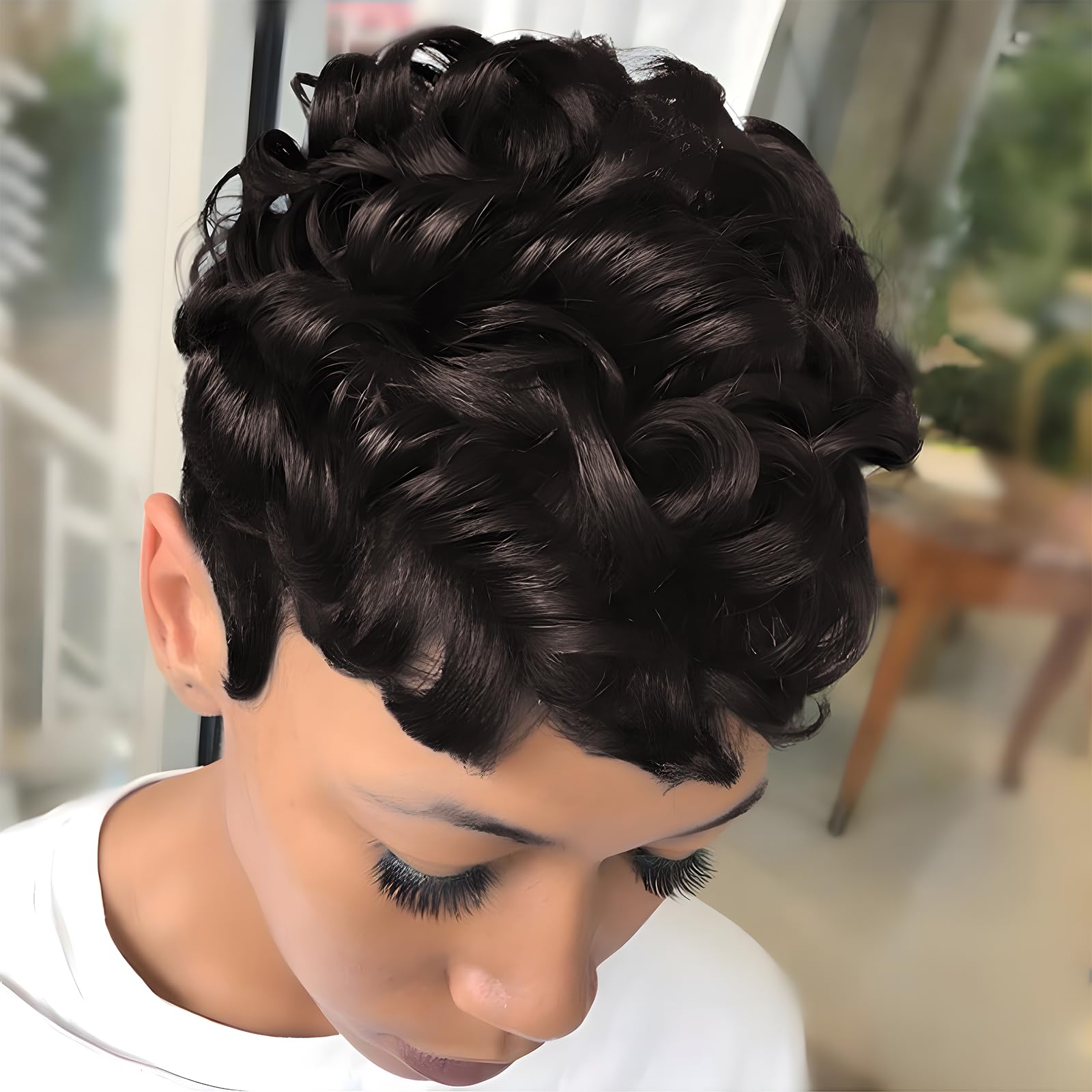 DOcute Pixie Cut Wig Short Wig Glueless Synthetic Wig Layered Curly Wigs, Dark Brown Short Cut Wig Perfect Pixie Wig For Black W