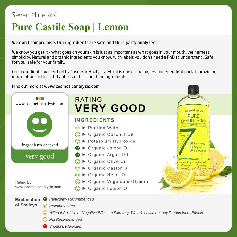 Pure Castile Soap, Lemon - No Palm Oil, GMO-Free - Gentle Liquid Soap For Sensitive Skin & Baby Wash - All Natural Vegan Formula