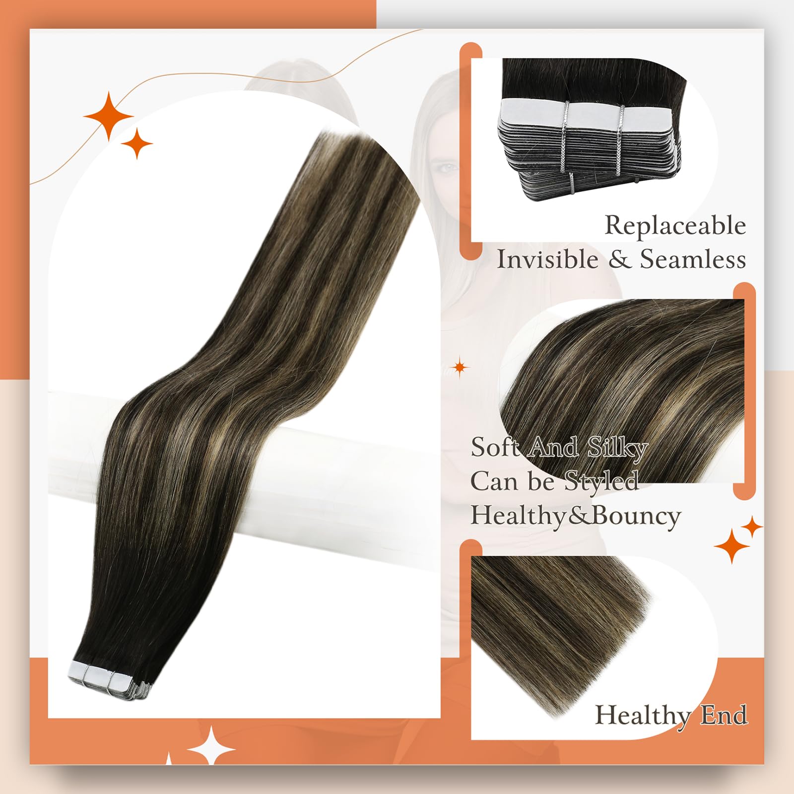 Full Shine Balayage Tape In Hair Extensions Human Hair Color 1B Off Black Fading To 27 Honey Blonde And 1B Black Tape In Human H