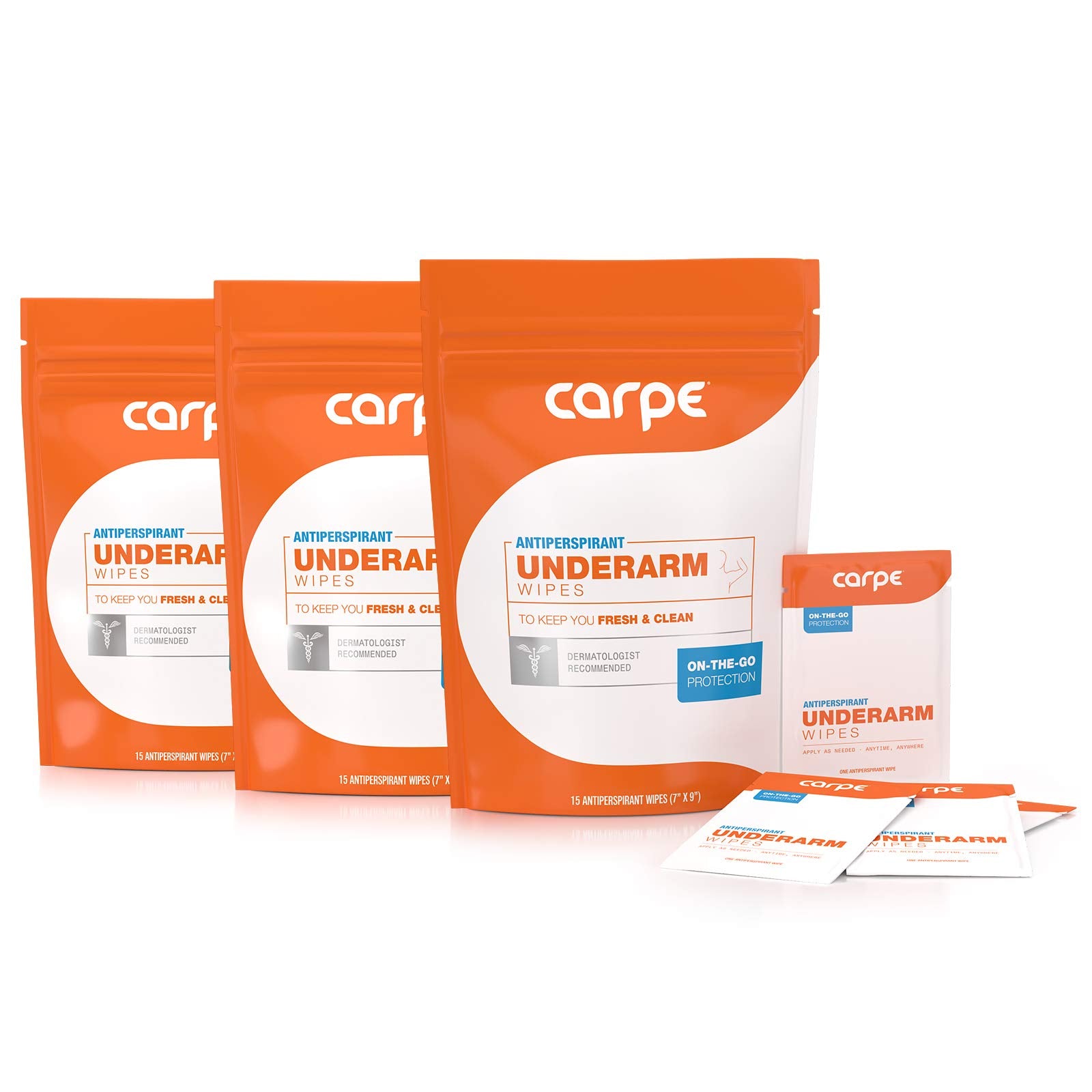 Carpe On-the-Go Antiperspirant Underarm Wipes (Pack of 3 Boxes) for Sweat Blocking, Deodorizing, and Cleansing When You're On th