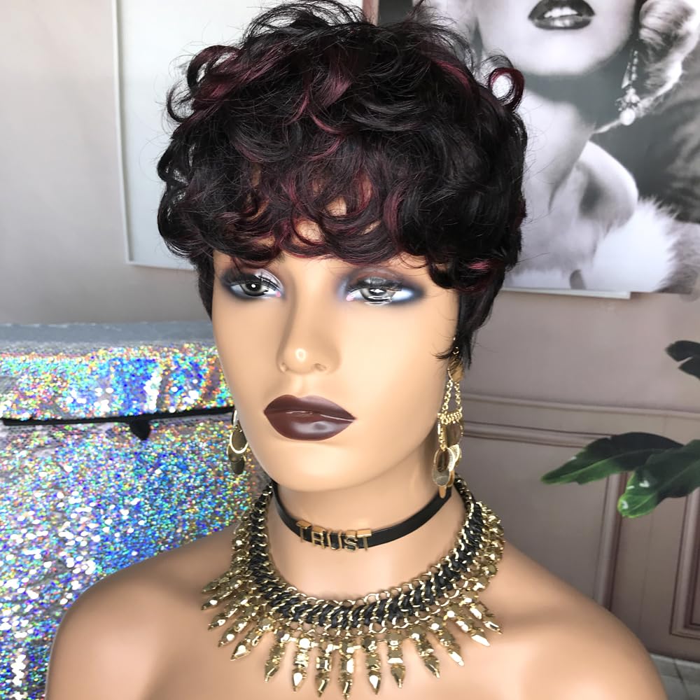Hotkis Human Hair Short Curly Wigs For Black Women Pixie Cut Wig Human Hair Burgundy Short Wigs Human Hair Short Curly Human Hai