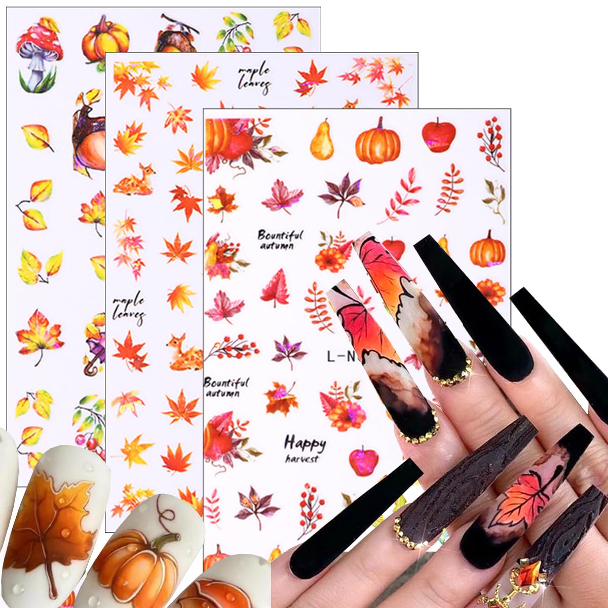 6Pcs Fall Nail Art Sticker - 3D Laser Fall Leaves Nail Stickers Shining Decals For Nails Gold Yellow Maple Leaf Design Thanksgiv