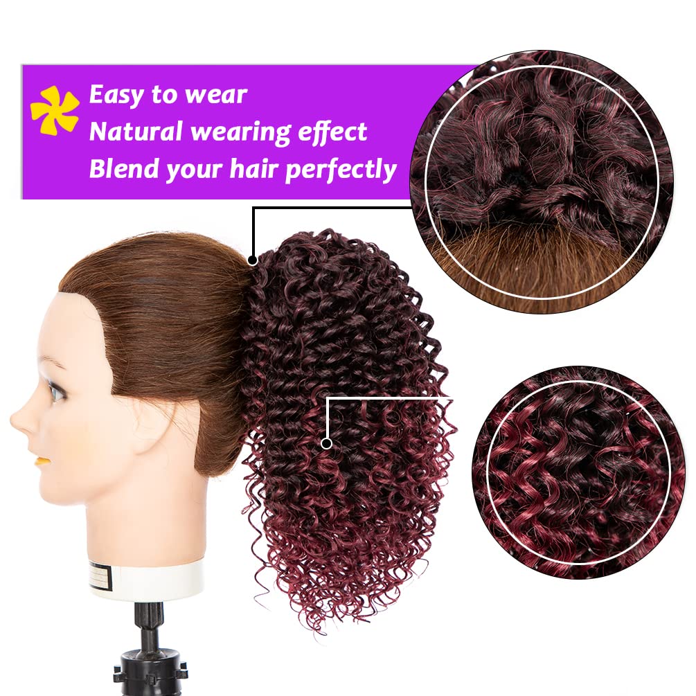 Short Kinky Curly Ponytail Extension For Black Women, 10 Inch Ombre Natural Black To Burgundy Drawstring Curly Ponytail With Two