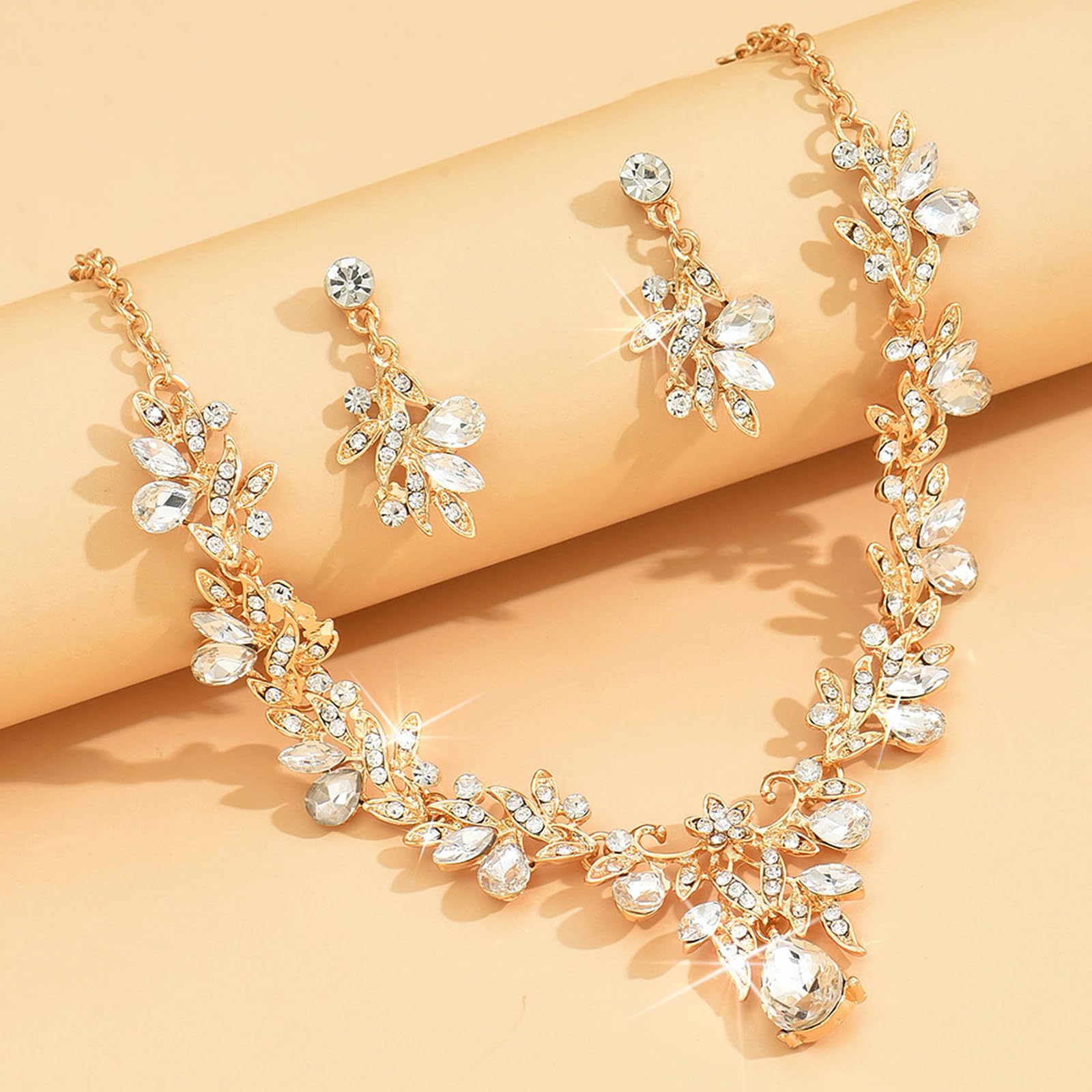 HUASAI Gold Wedding Jewelry Sets for Brides Rhinestone Necklace Earrings Bracelet Set Bridal Costume Jewelry for Women Formal We