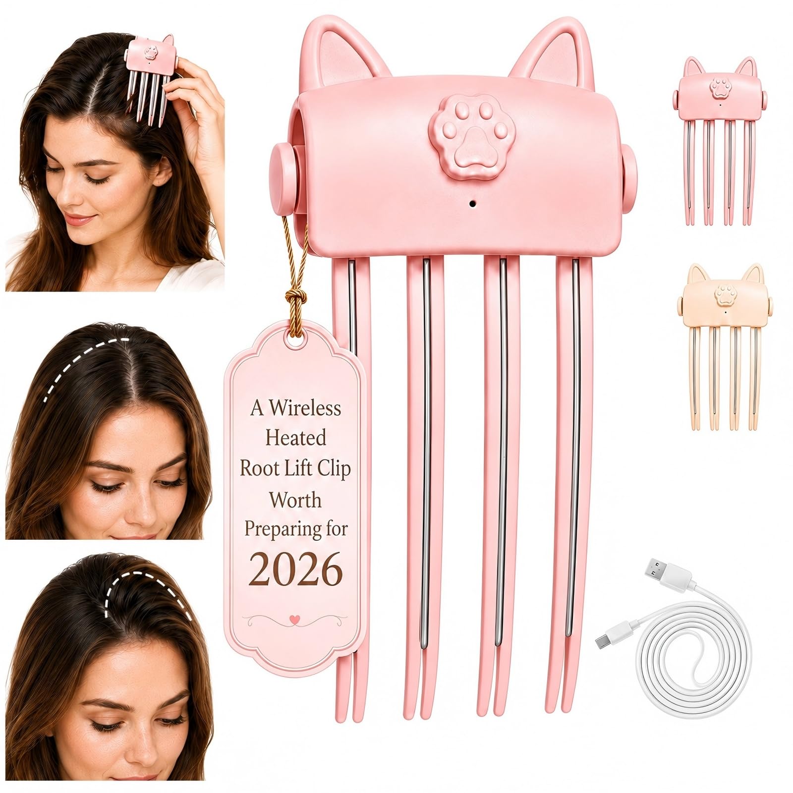 QAUUHJL Heated Volumizing Root Lift Clip for Curly Hair, Wireless, Pink