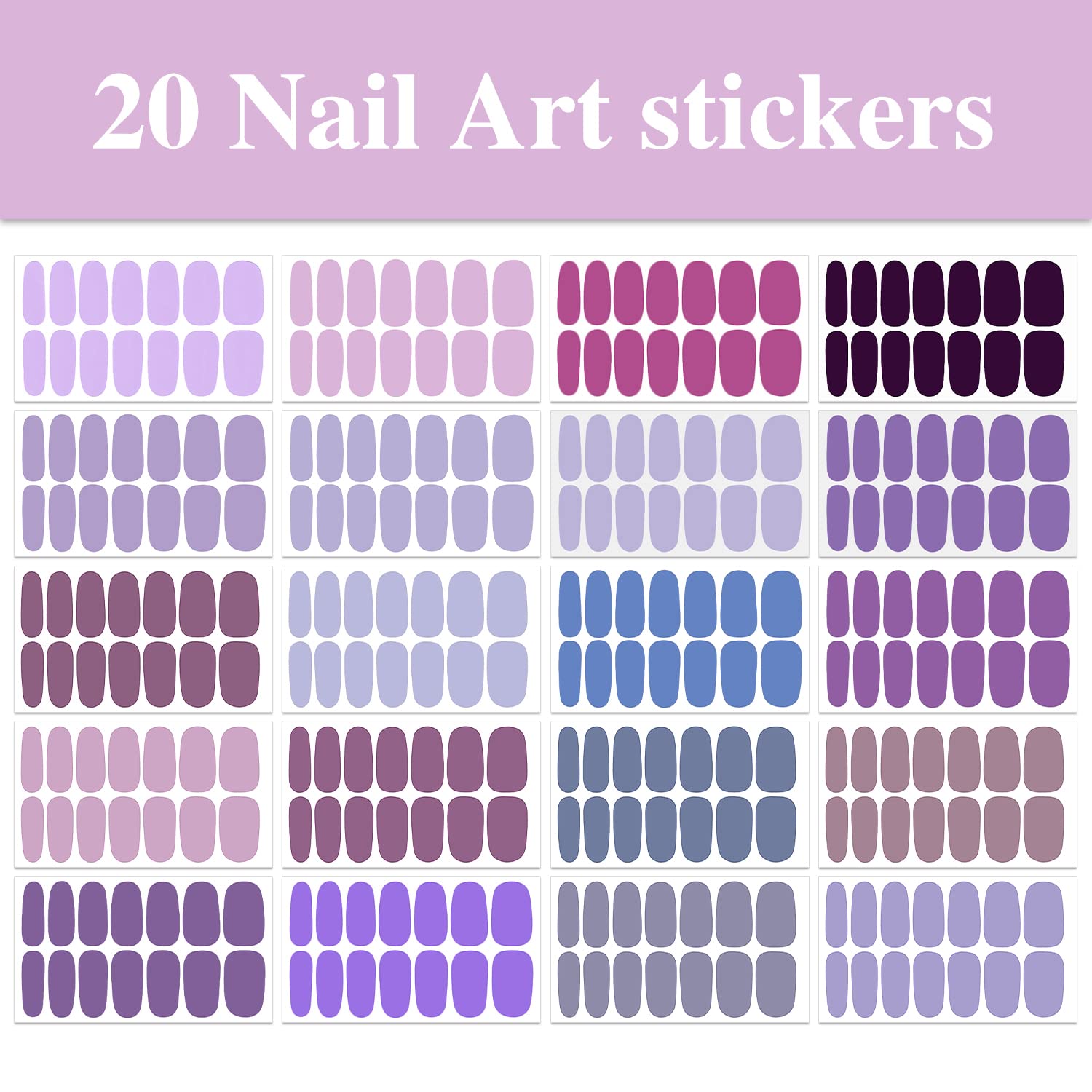 WOKOTO 20 Sheets Purple Solid Nail Stikcers Full Nail Wraps for Women Nail Art Decals Nail Polish Strips 280 Tips Gel Nail Strip