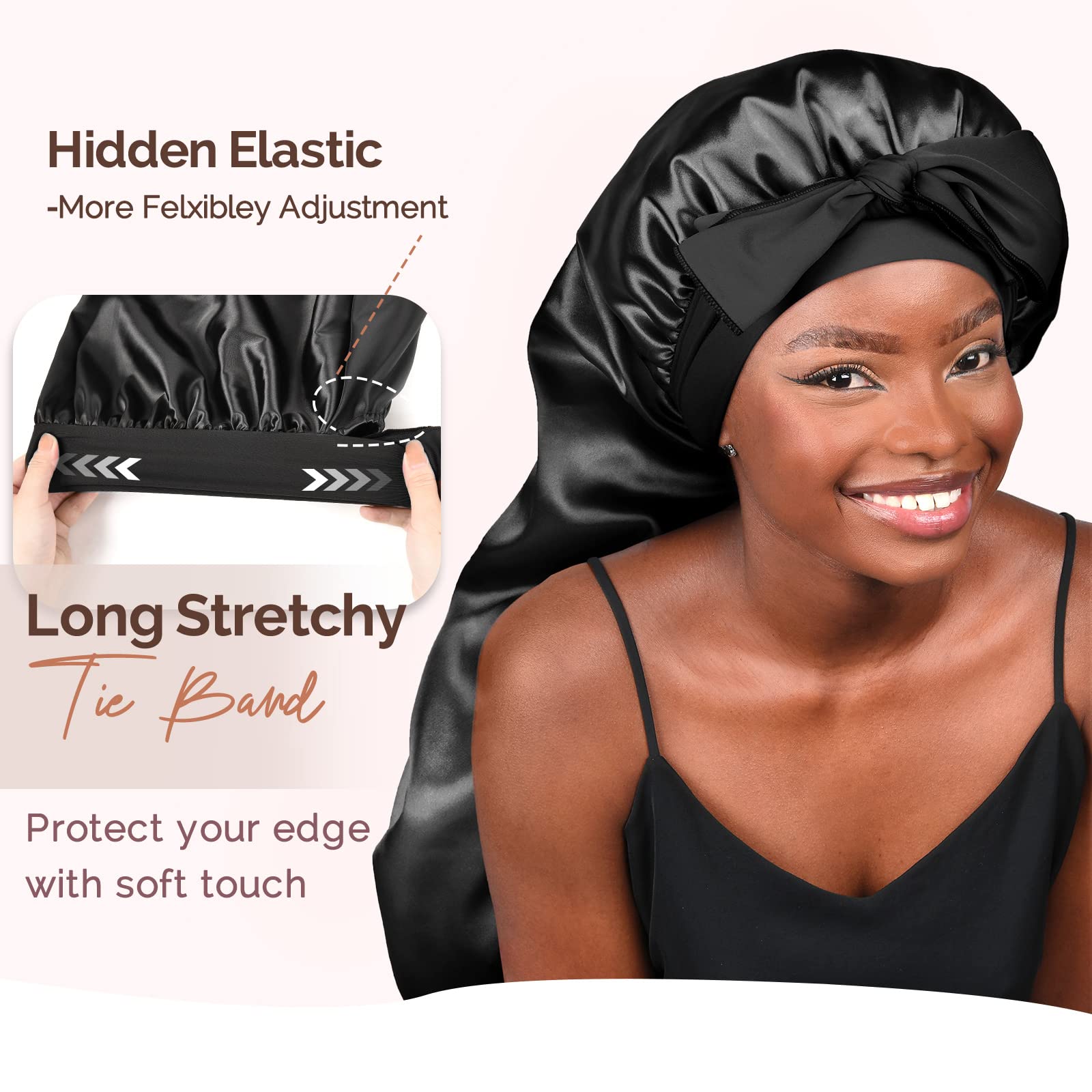 YANIBEST Silk Bonnet for Sleeping Women Braid Bonnet for Long Hair with Tie Band Satin Bonnet for Braids Hair Sleeping Cap Gifts