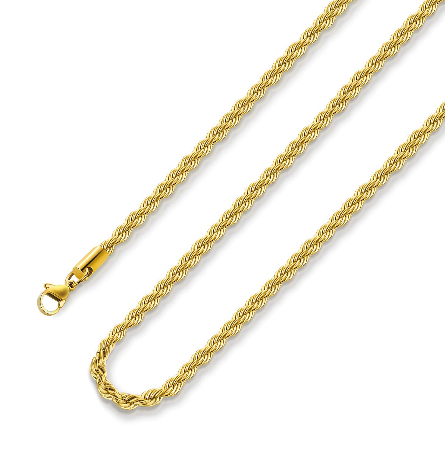 Gold Plated Necklace for Men 2.5MM 34 Inches Stainless Steel Twist Rope Chain Womens Boys