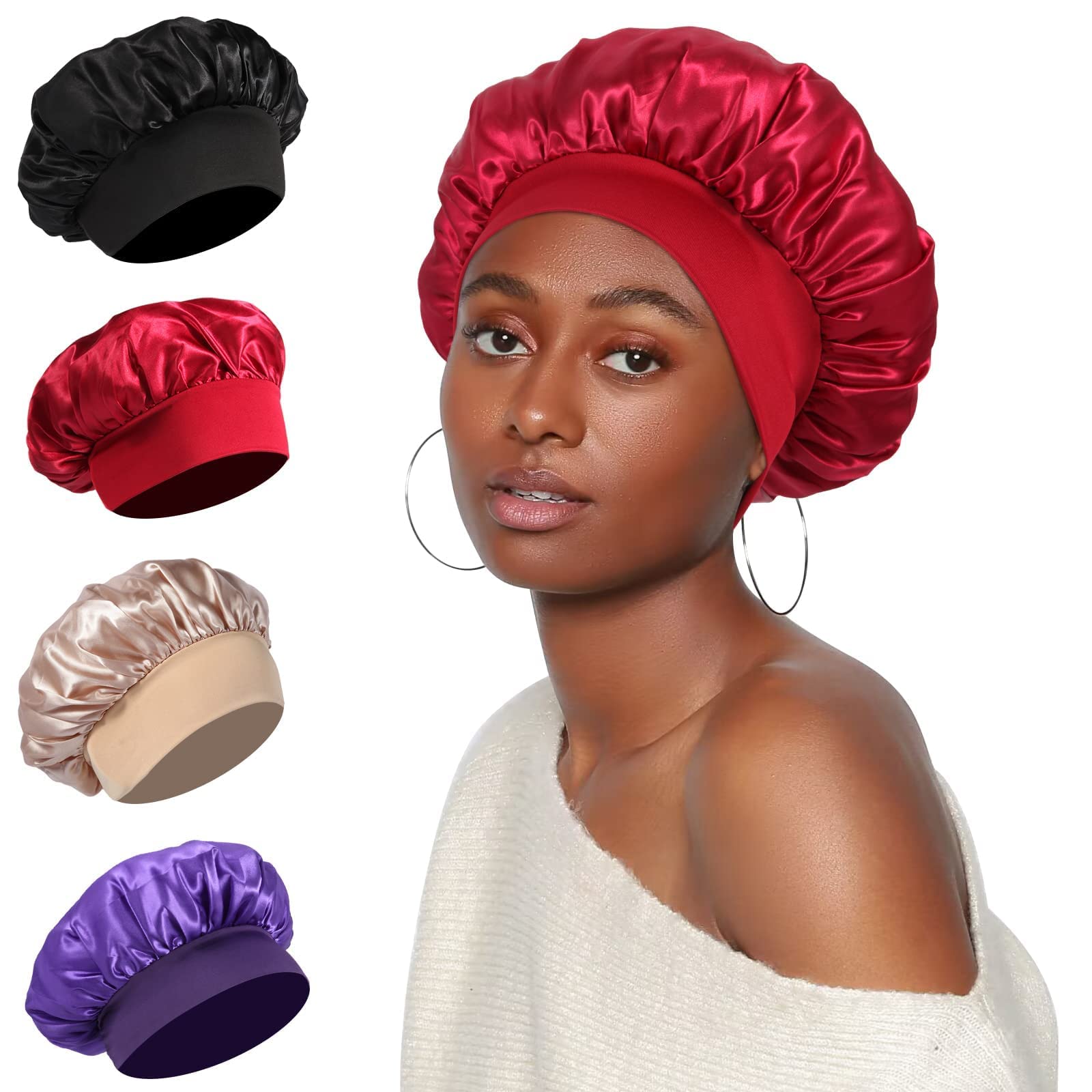 4Pcs Satin Bonnet Silk Bonnet, Hair Bonnet For Sleeping, Elastic Wide Band Silk Sleep Cap, Soft And Breathable (Black Red Purple