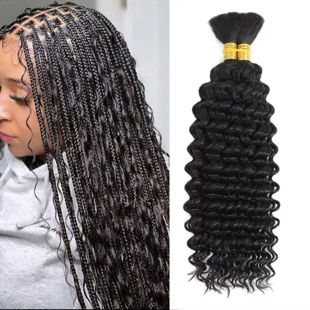 9A Virgin Curly Human Hair for Boho Knotless Braids Deep Wave Bulk Human Hair No Weft 1 Bundle 50g(1 Pack 2 Bundles)16 Inch Curl