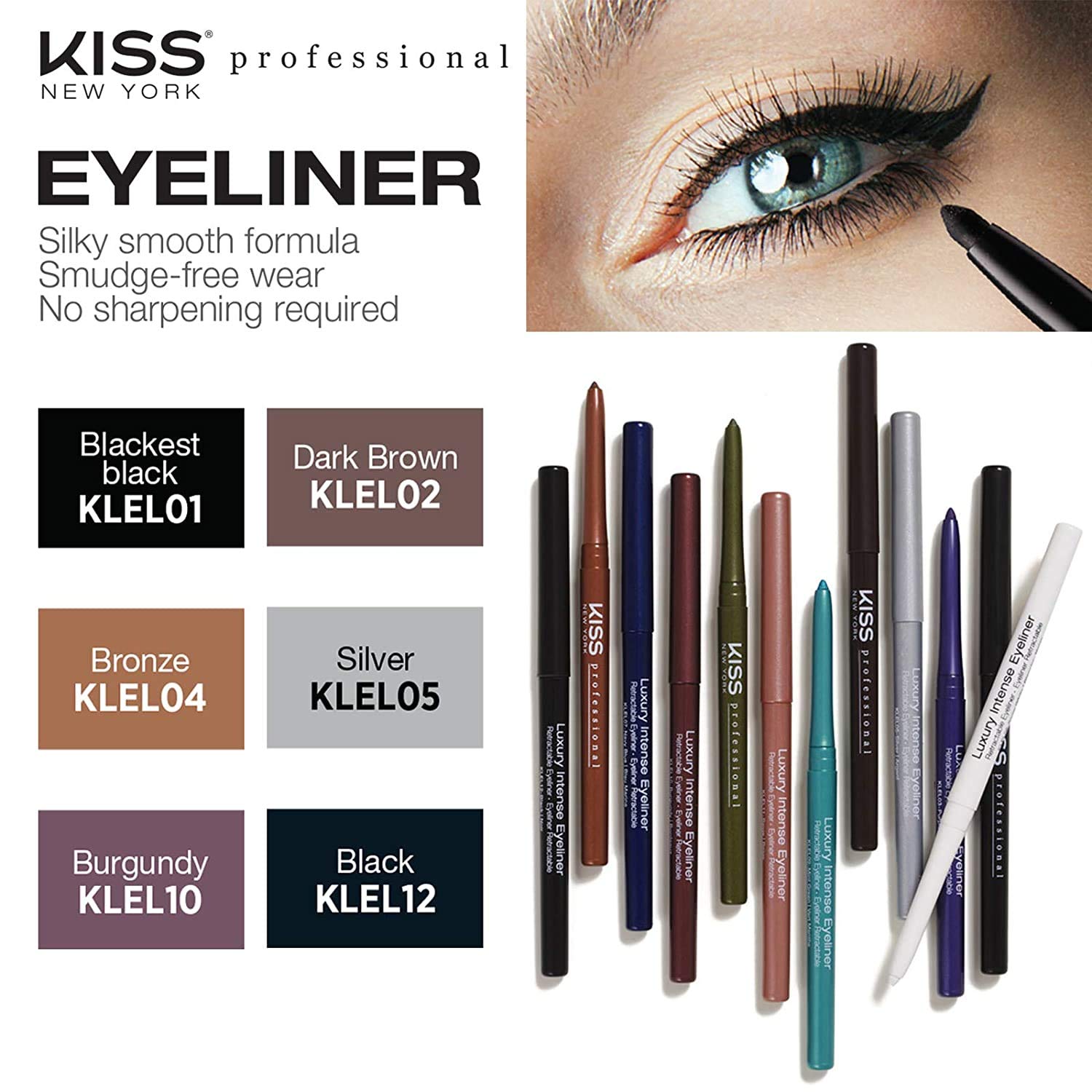 Kiss New York Professional Retractable Eyeliner, Luxury Intense Highly Pigmented Eye Makeup, Long-Lasting, Water-Resistant, Smud