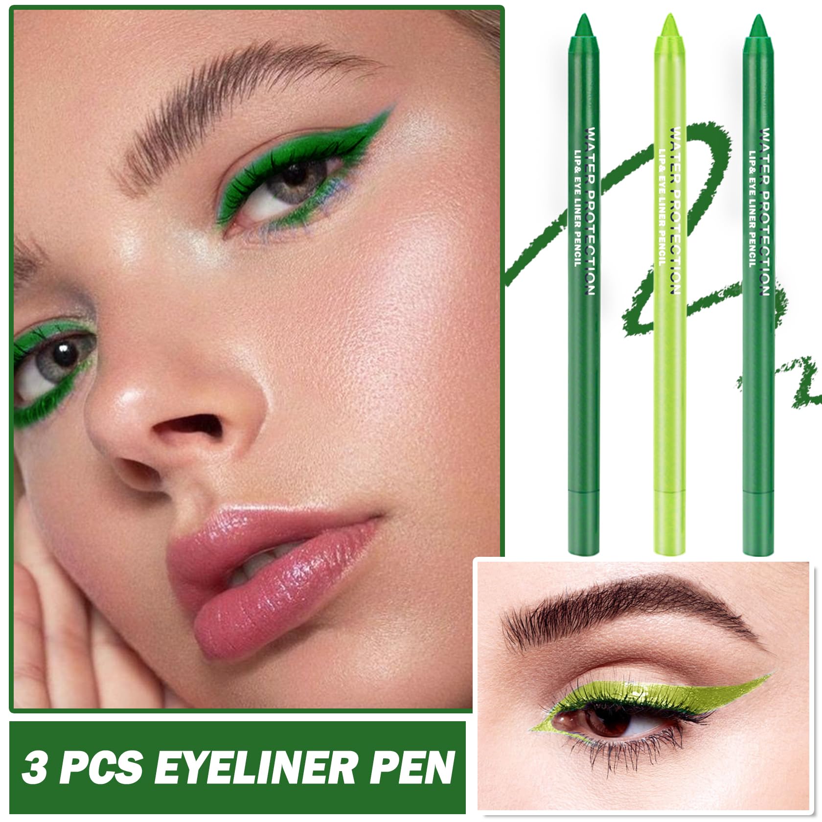 ZHISHUDL 3PCS Green Eyeliner Pencil Set Colorful Eyeliner Metallic Glitter Eyeliner Pen,Shimmer Eye Shadow Pencil Professional E