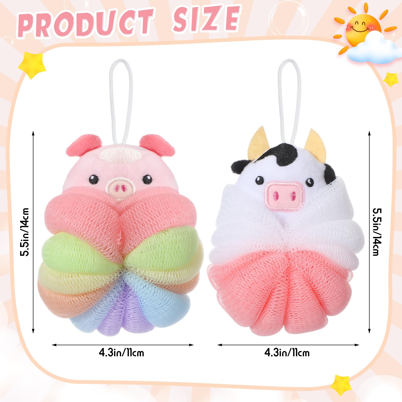 Nuenen 2 Pcs Bath Loofahs Kids Toddler Body Loofahs Cute Cartoon Kids Loofah Kid Bath Sponges Loofah Bath Pouf Body Scrubber Mes