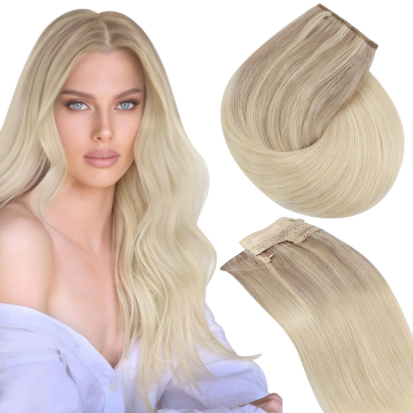 Sunny Wire Hair Extensions Human Hair Ash Blonde with Light Blonde Ombre Platinum Blonde Wire Extensions Real Human Hair Ombre H