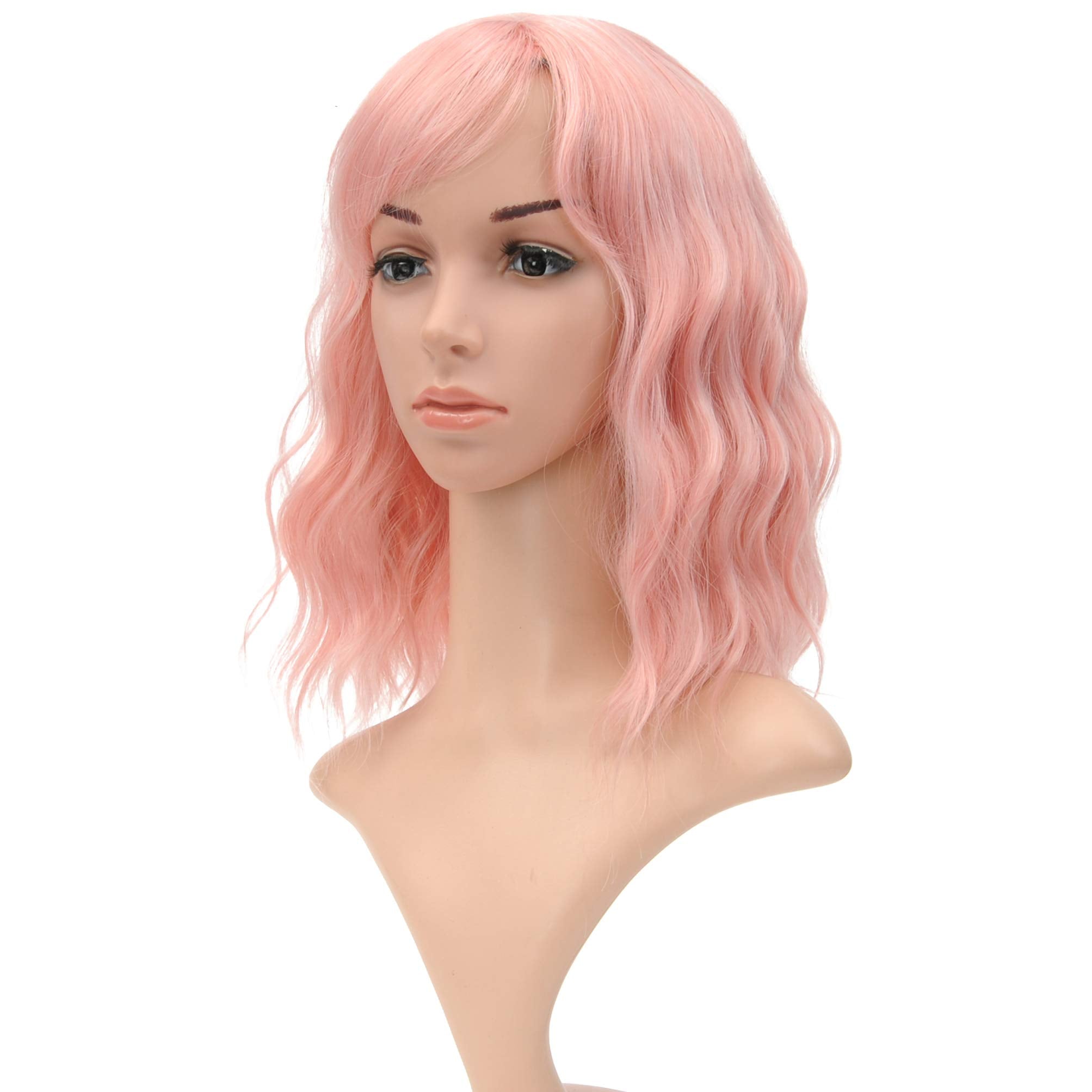 VCKOVCKO Natural Wavy Pastel Pink Wig Colorful Wigs With Air Bangs Short Bob Wigs Women's Shoulder Length Wigs Curly Wavy Synthe