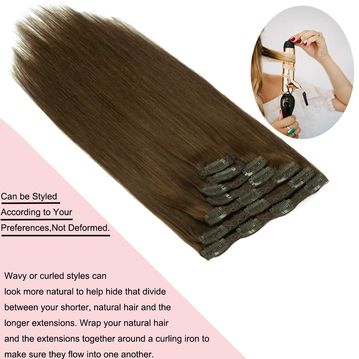 Loxxy Human Hair Extensions Clip In Chocolate Brown Real Human Hair Extensions 120G 7 Pieces Silky Straight Weft Full Head Clip