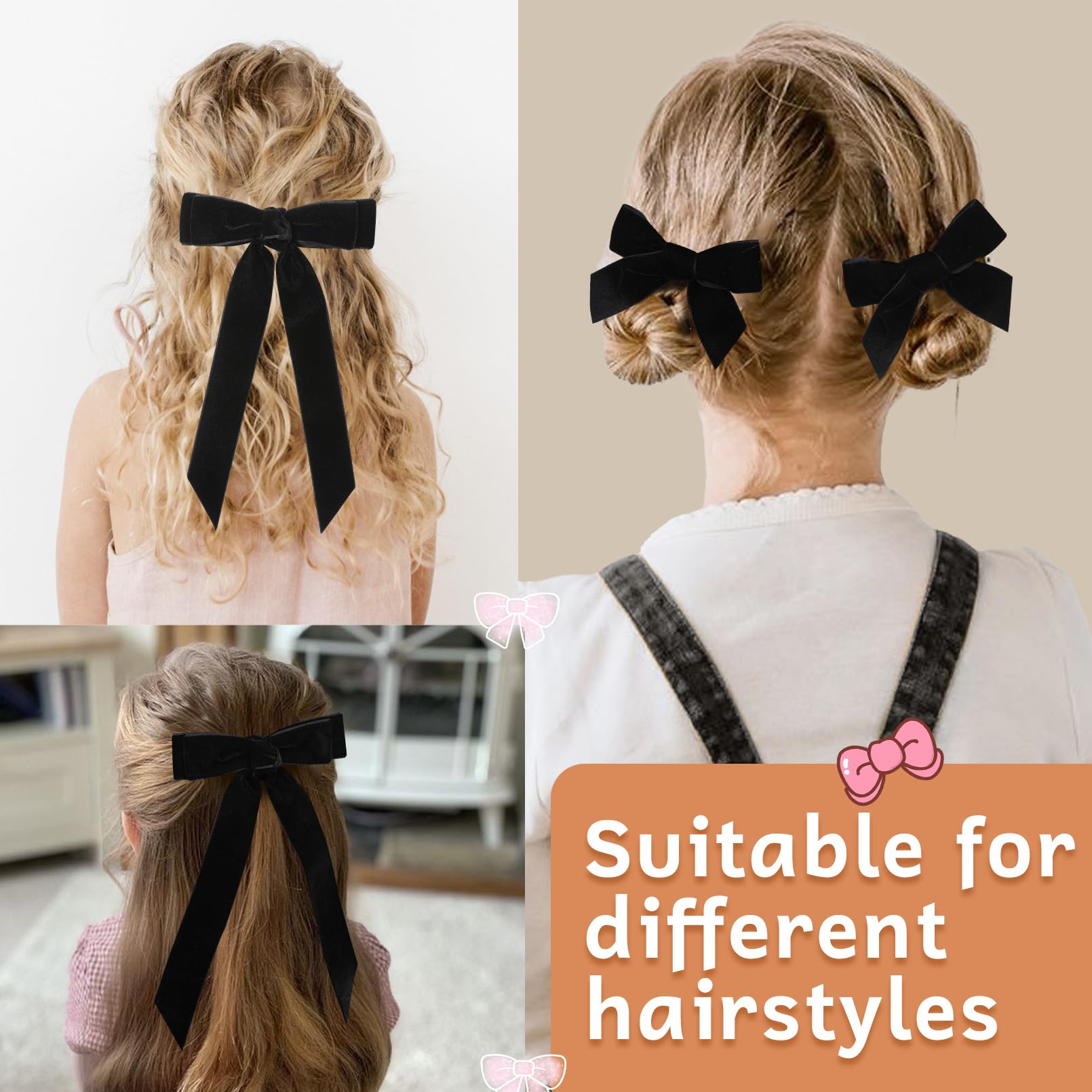 3Pcs Velvet Hair Bow Black Hair Ribbon Clips For Women Girls Fall Alligator Hair Clips Hair Accessories Toddlers Kids Teens