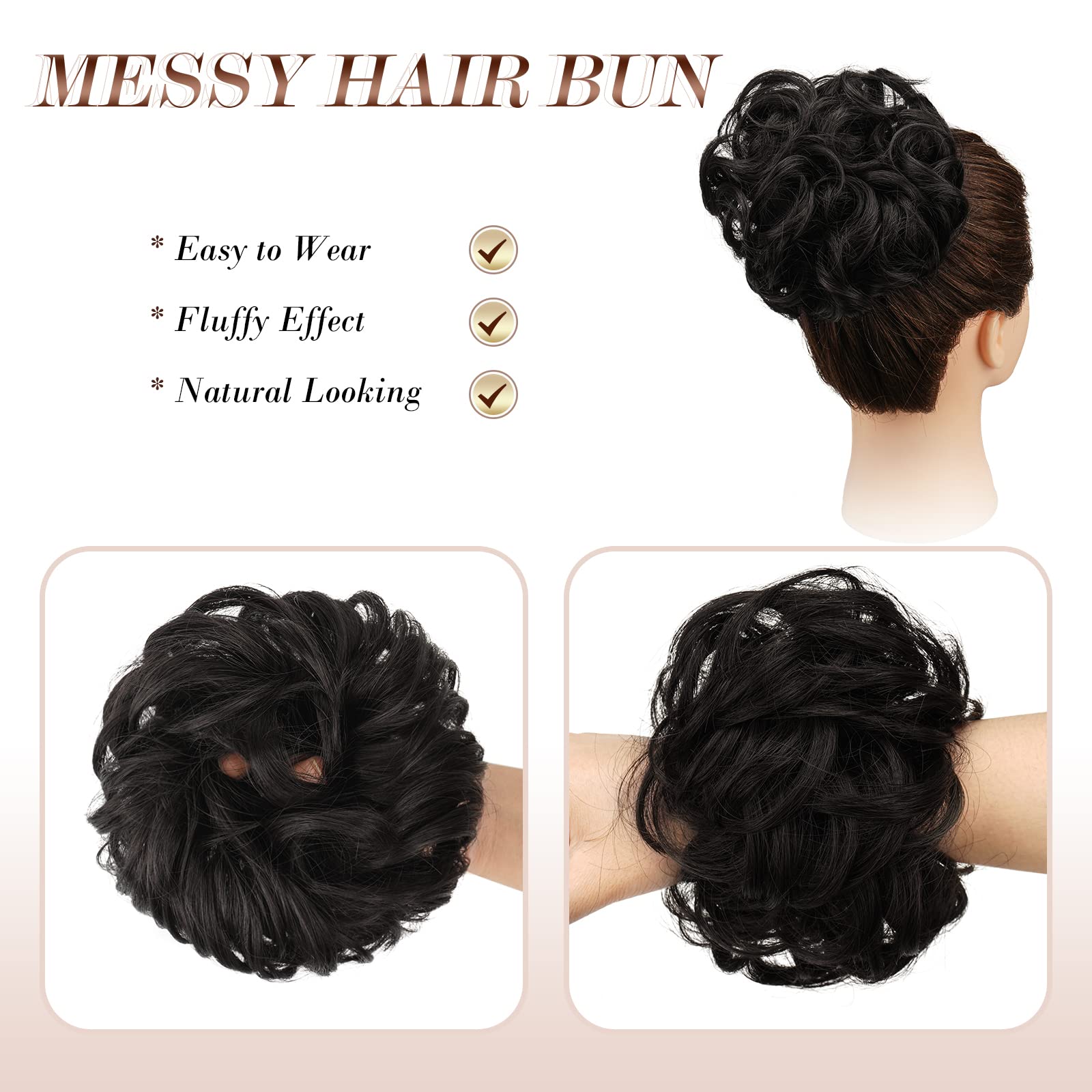 FESHFEN Messy Bun Hair Piece Hair Bun Scrunchies Darkest Brown Synthetic Wavy Chignon Ponytail Hair Extensions Thick Updo Hairpi