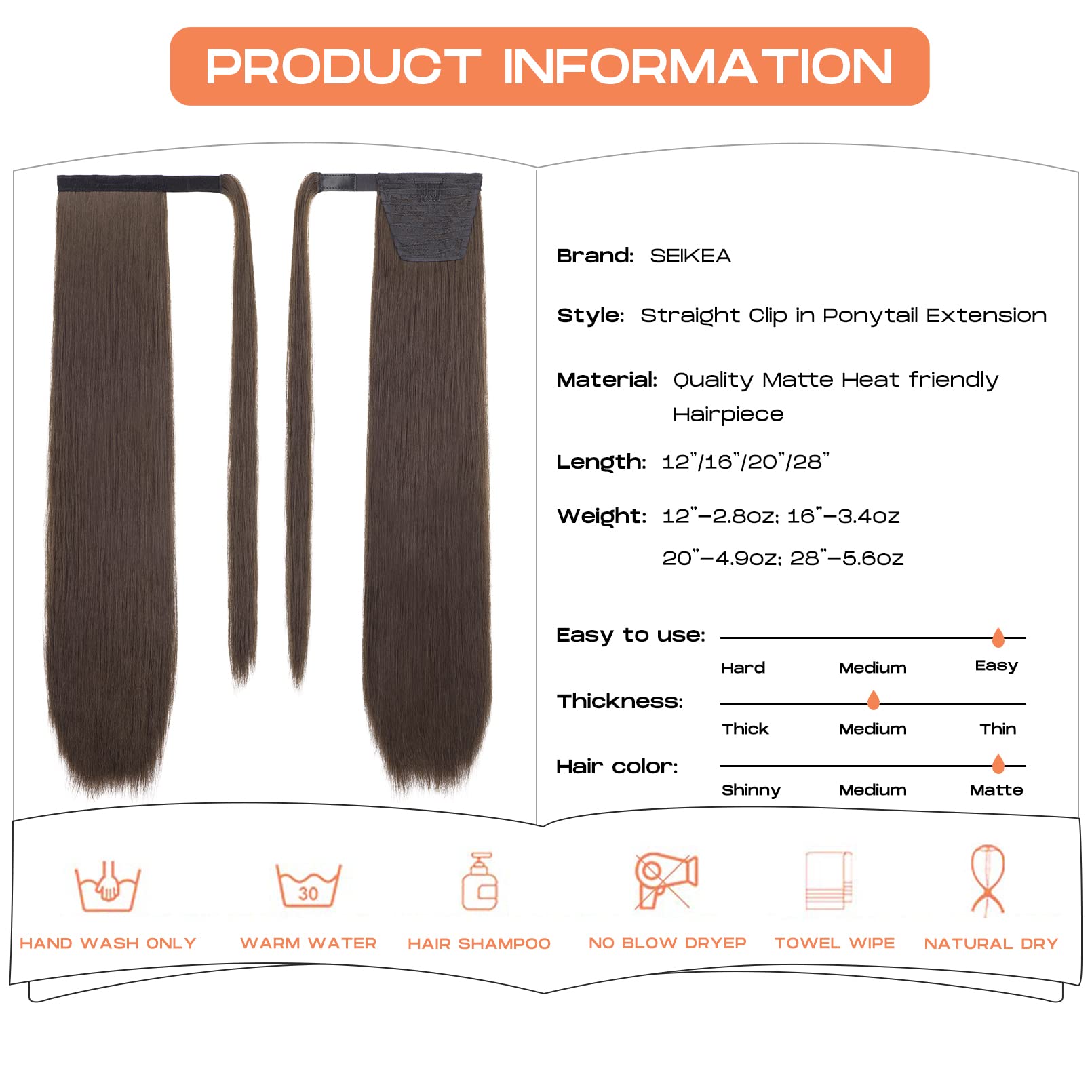 SEIKEA Clip in Ponytail Extension Wrap Around Straight Hair for Women (28 '', Dark Chocolate Brown)
