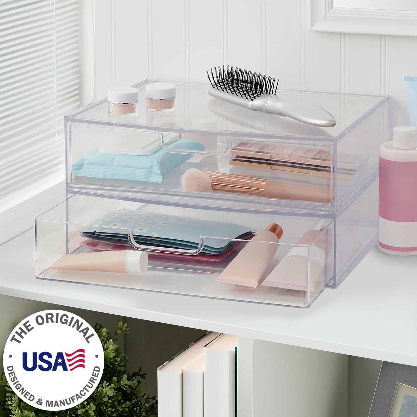 Stori Sofia 12.5    Wide Clear Stackable Open Storage Drawers, 2 Pack Plastic Organizer Bins For Makeup Palettes, Cosmetics, And