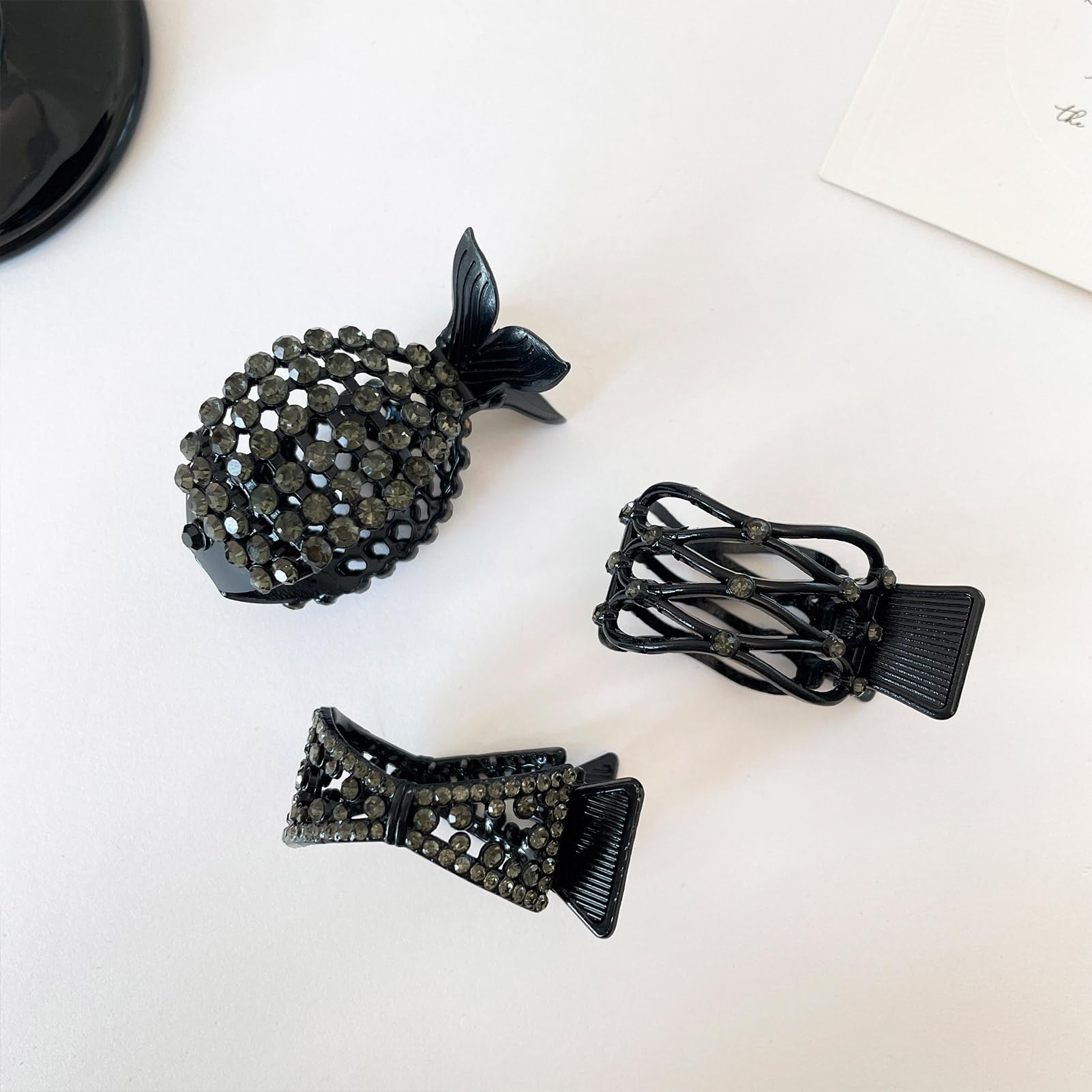 Frdtluthw 3Pcs Black Hair Claw Clips - 2 Inch Rhinestone-Embellished Small Metal Claws For Thick Long Hair, Ideal For High Ponyt