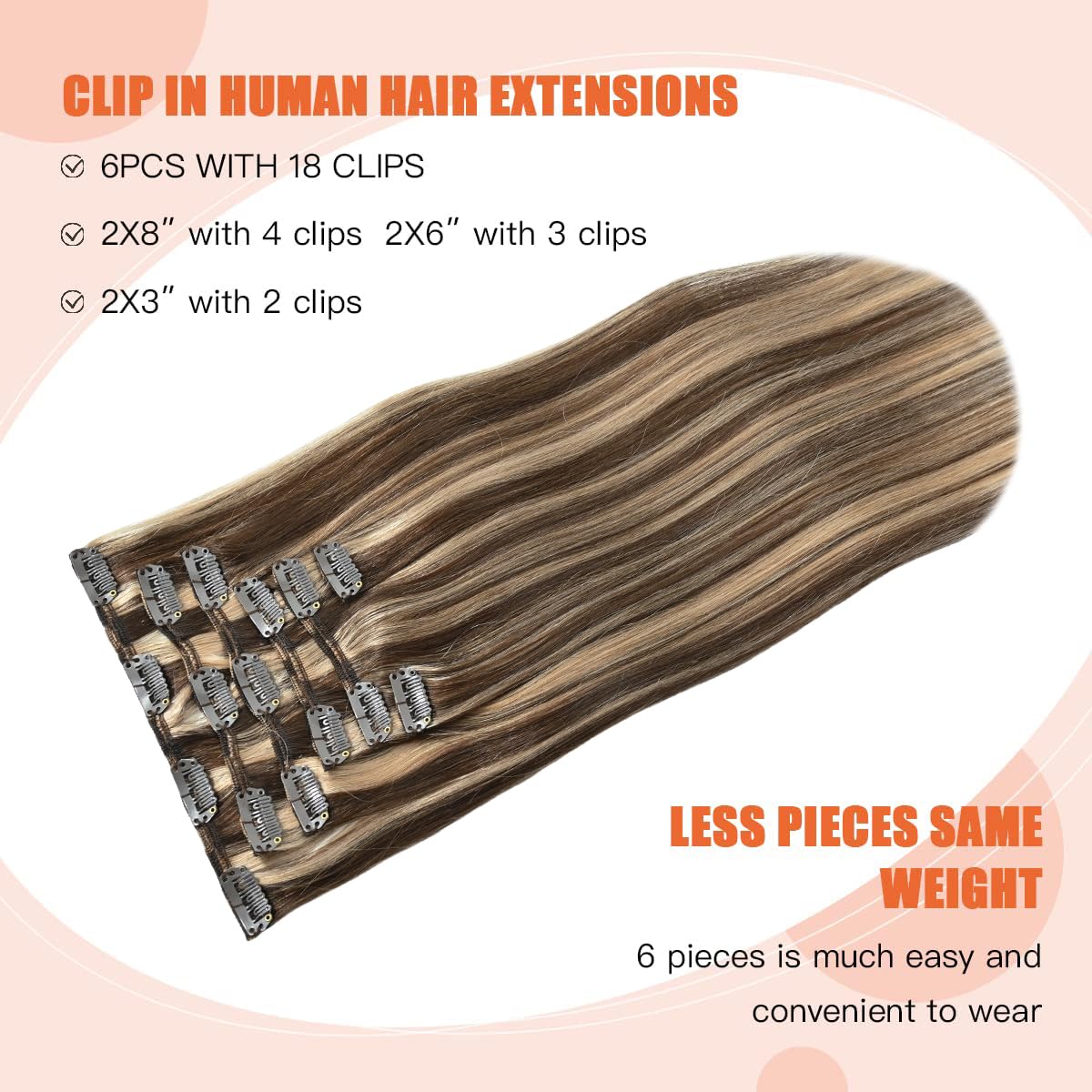 Ugotrays Clip In Hair Extensions Highlight Chocolate Brown To Caramel Blonde, 18 Inch 70G Real Human Hair Extensions Double Weft