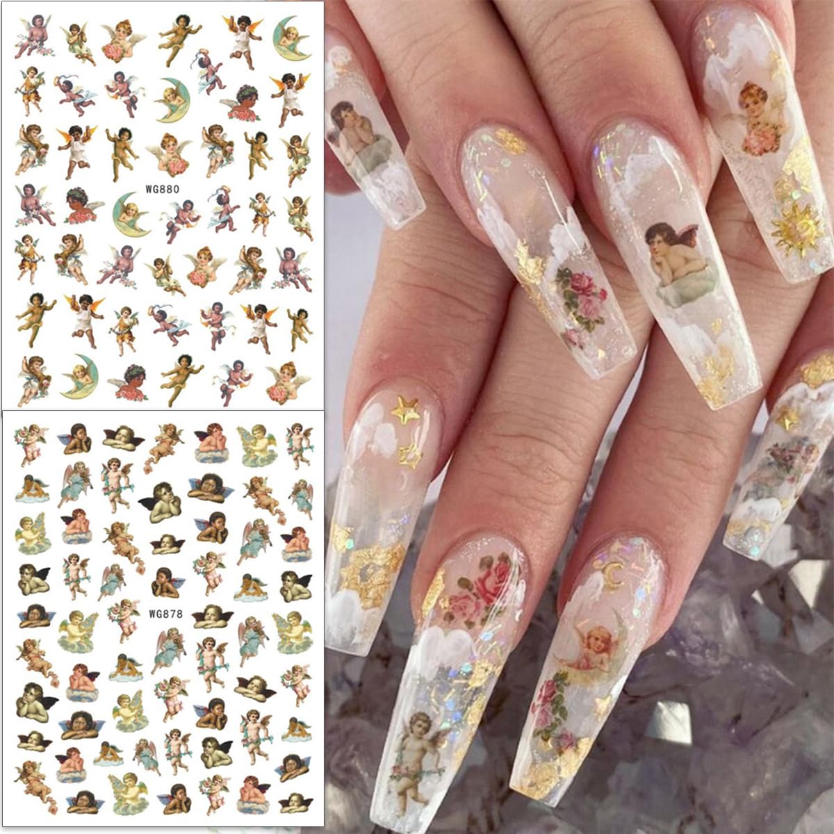 Cupid Angel Nail Stickers For Nail Art 8Sheets 3D Self Adhesive Cupid Nail Decals Valentines Day Angel Rose Flower Design Nail A