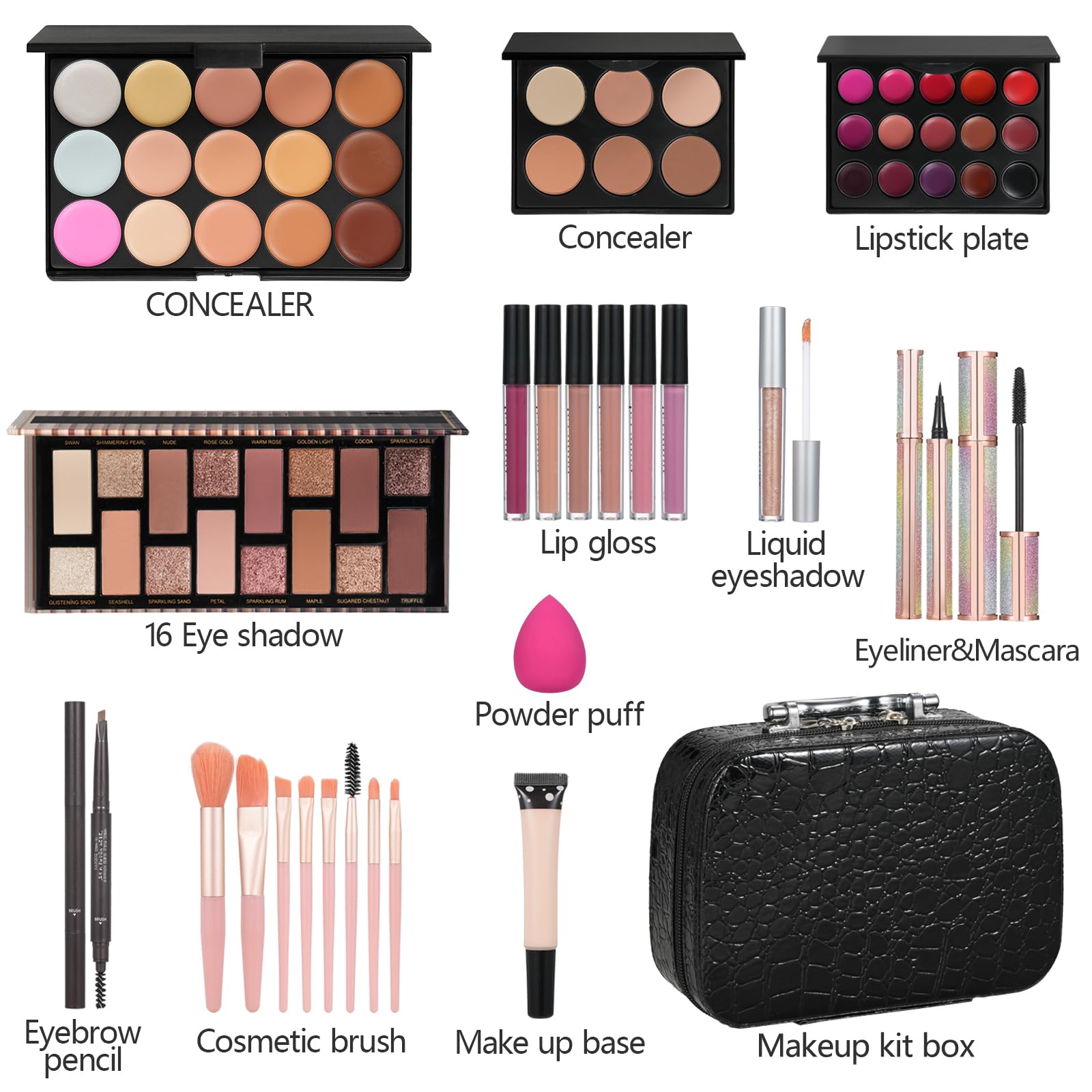 All In One Makeup Kit For Girls Gift, Makeup Kit For Women Full Kit Includes Sponge Eyeshadow Liquid Lipstick Concealer Eyeliner