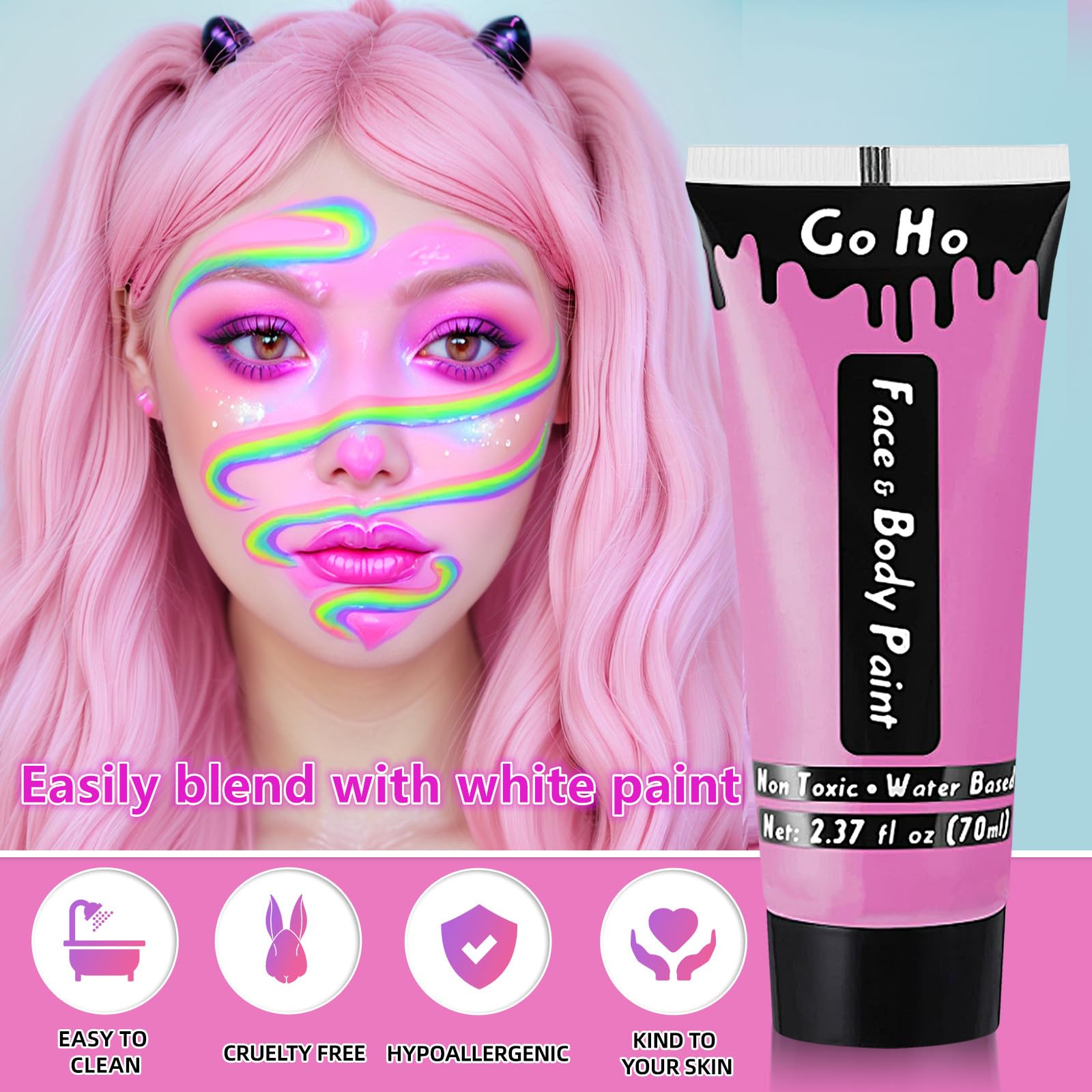 Go Ho Bright Pink Body Paint Washable(2.37 Oz,70 Ml),Water Based Cream Pink Face Paint,Pink Face Body Paint For Sfx Cosplay Cost