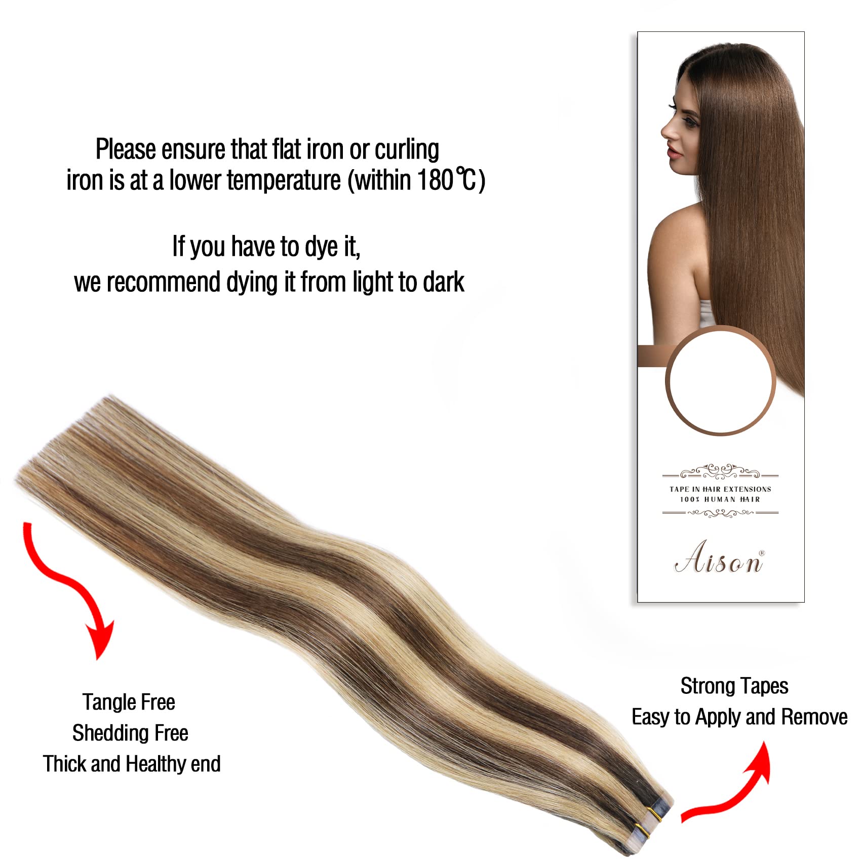 Aison Highlight Chocolate Brown To Caramel Blonde Tape In Hair Extensions Human Hair Extensions Silky Straight For Women 20 Pcs/