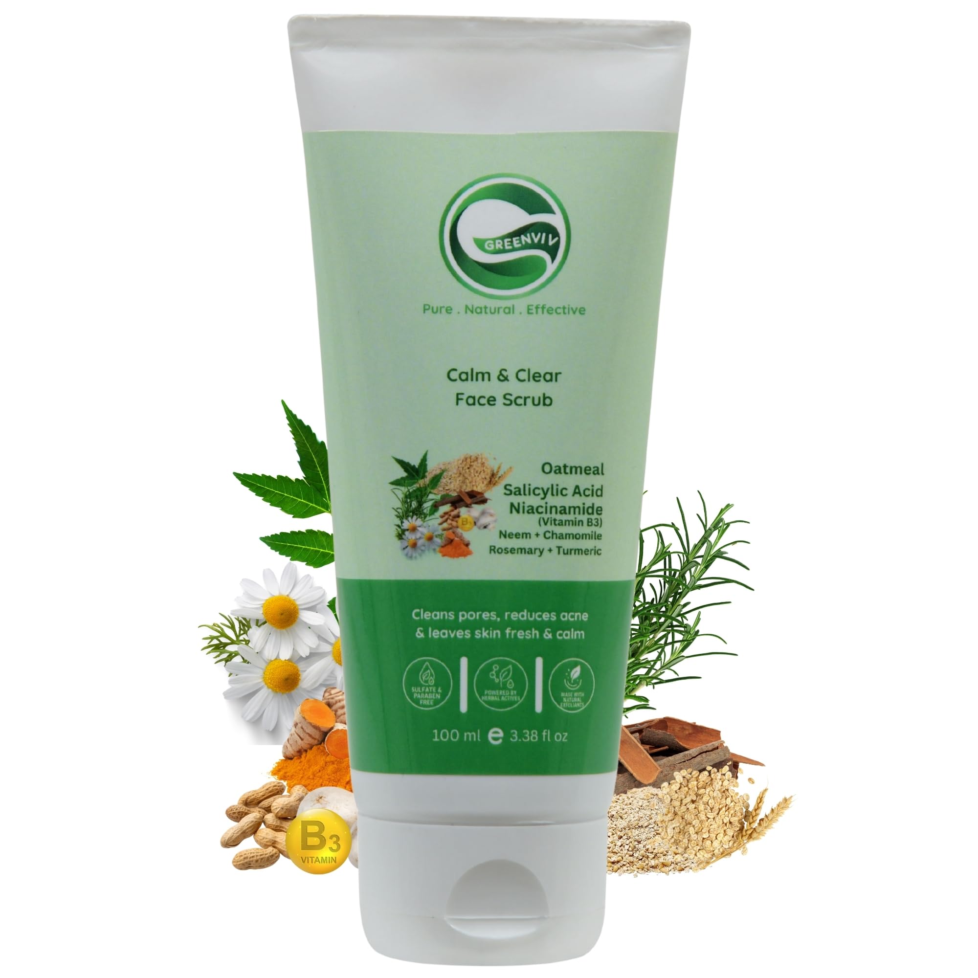 Greenviv Salicylic Acid Face Scrub For Acne & Oil Control, Reduces Breakouts & Cleans Pores With Oatmeal & Niacinamide | 100 G