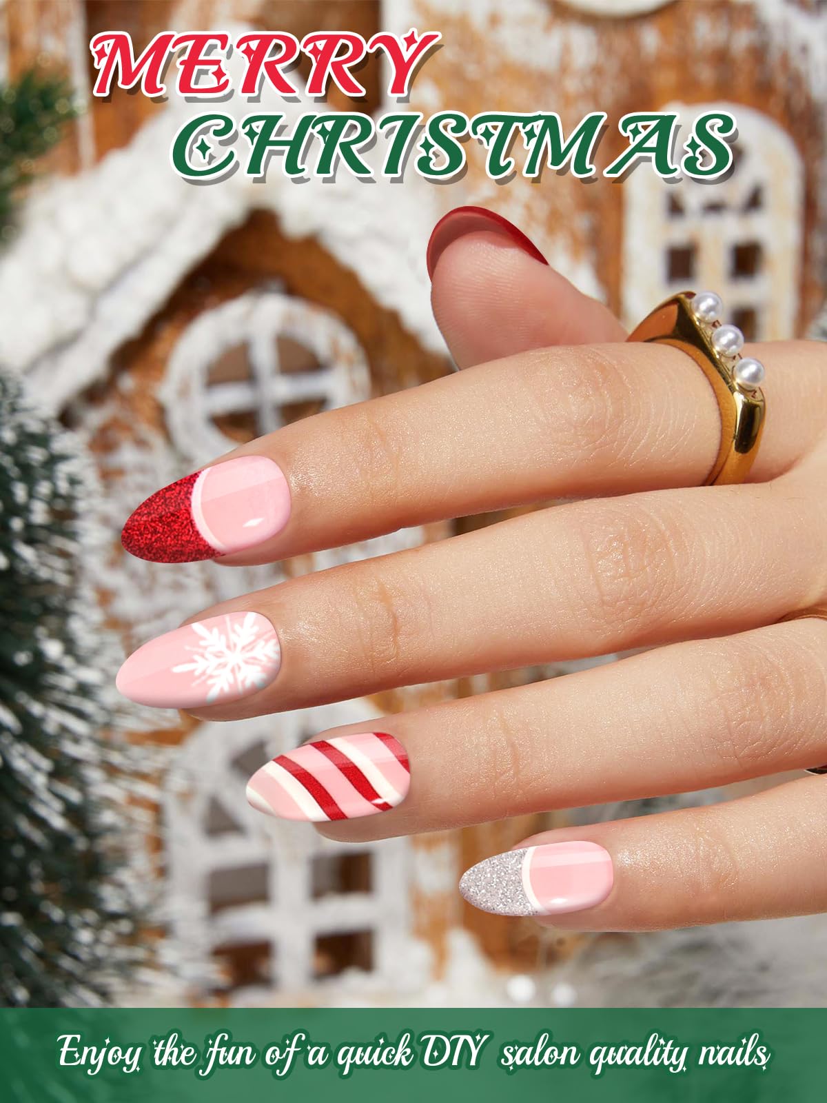 Ebanku 24Pcs Christmas Semi-Cured Gel Nail Strips, French Glitter Adhesive Gel Nail Art Sticker, Waterproof Gel Nail Wrap Sticke