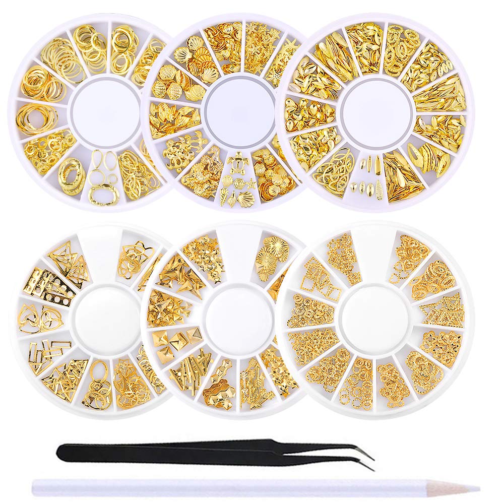 WOKOTO 6 Boxes 3D Hollow Gold Nail Decoration Shell Metal Nail Studs Nail Jewels Kit With 1Pc Tweezers And Picker Pencil