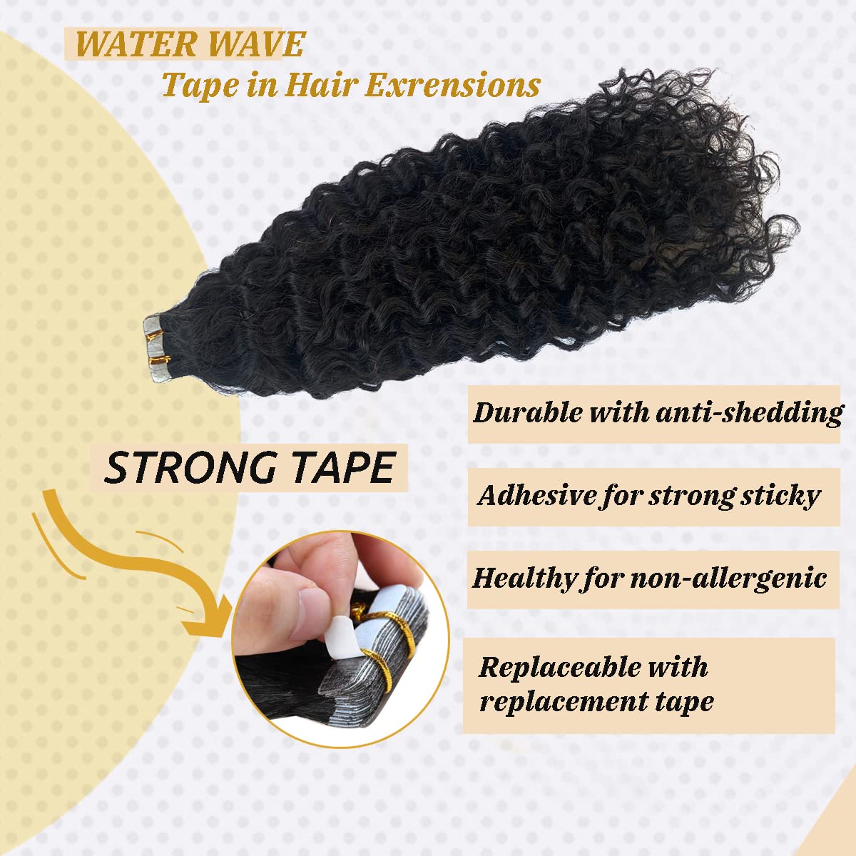 Tape In Water Wave Hair Extensions Human Hair #1B Natural Black Remy Hair Tape Ins Double Sided Skin Weft 20Inch Extensions Loos