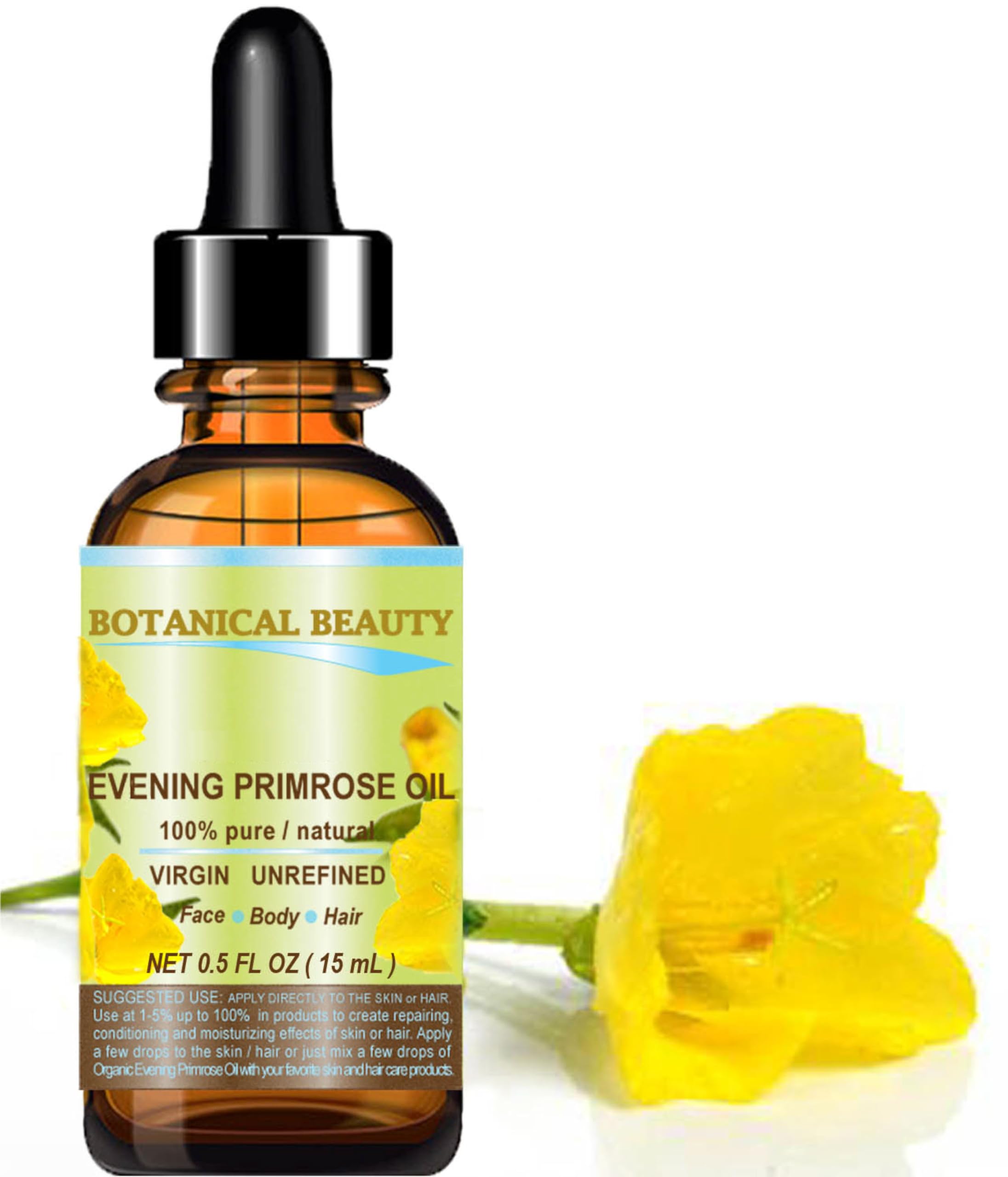 Botanical Beauty Evening Primrose Oil 100% Pure Natural Undiluted Unrefined Virgin Cold Pressed Carrier Oil. 0.5 Fl.Oz.- 15 Ml F