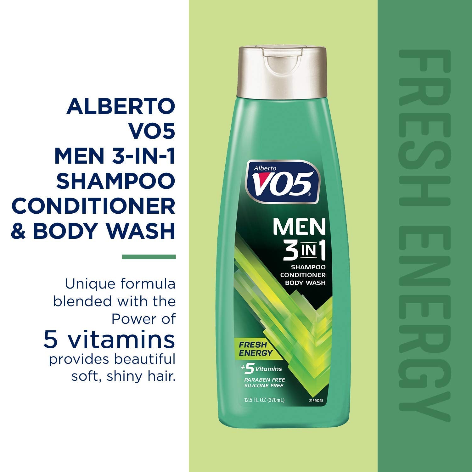 Alberto VO5 Mens 3-IN-1 Shampoo Conditioner and Body Wash - 12.5 Oz - Fresh Energy - 5 Essential Vitamins to Help Nourish and Hy