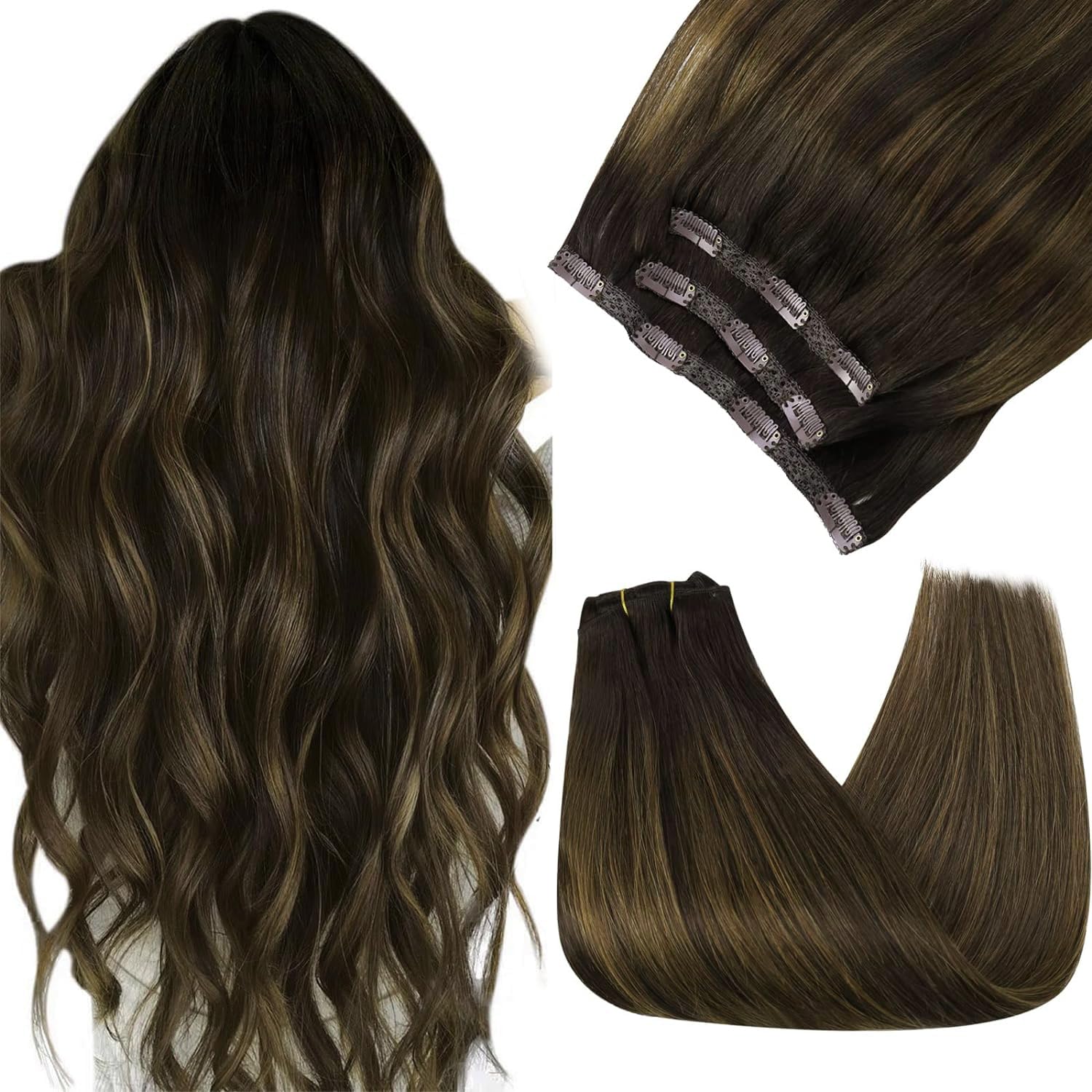Sunny Straight Clip in Hair Extensions Real Human Hair 3pcs Lace Clip in Human Hair Extensions Dark Brown Mix Medium Brown Balay