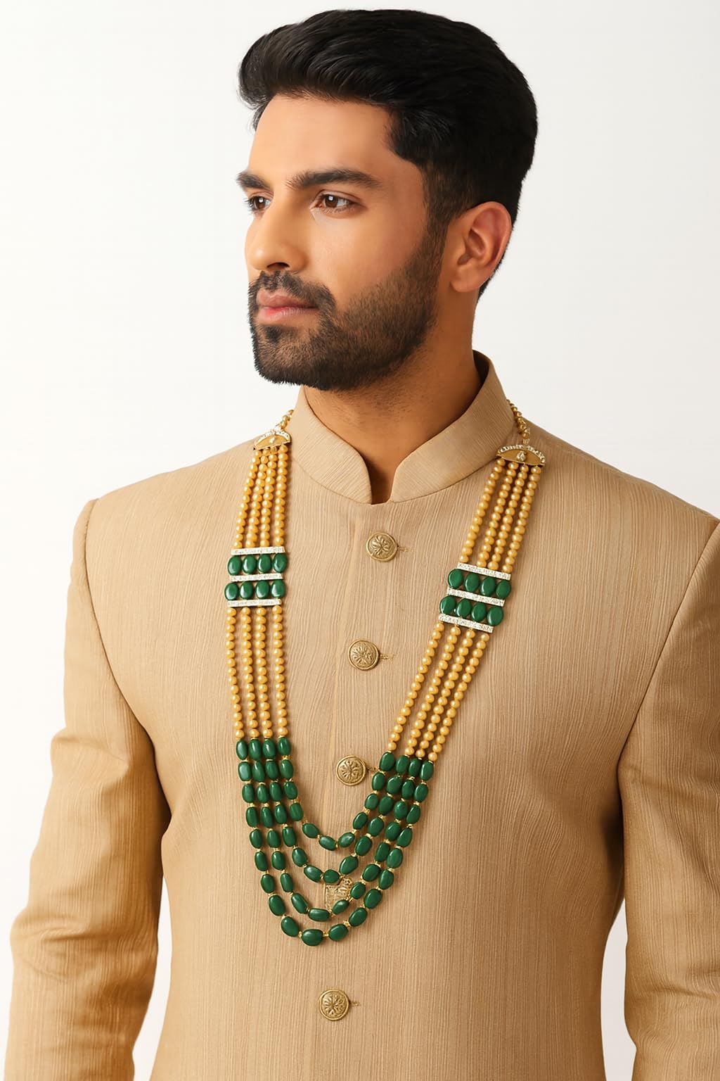 I Jewels 4 Layered Gold Plated Indian Wedding Bollywood Dulha Moti Mala with Beads Maharaja Haar/Groom Necklace for Men (MLP37G)