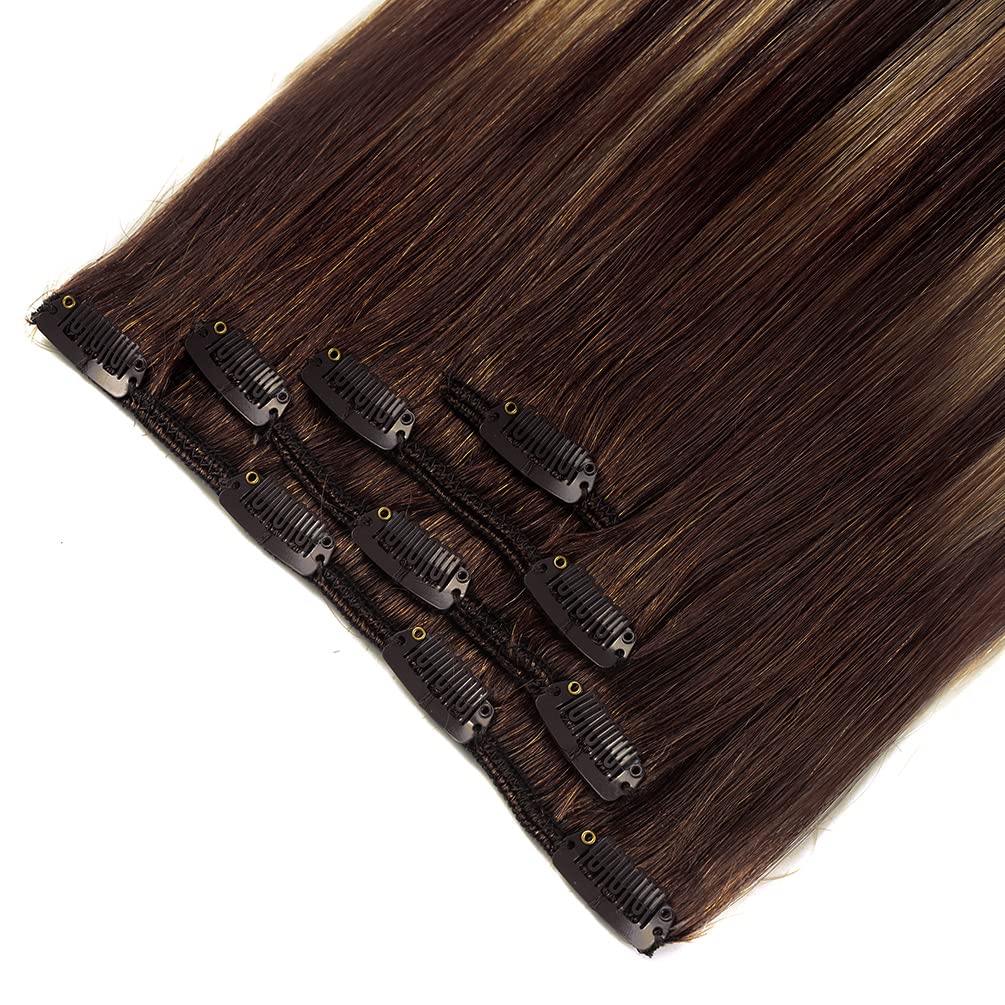 16'' Hair Extensions Clip In Balayage Human Hair For Women - Silky Straight Chocolate Brown To Honey Blonde Highlight Brown #(4T