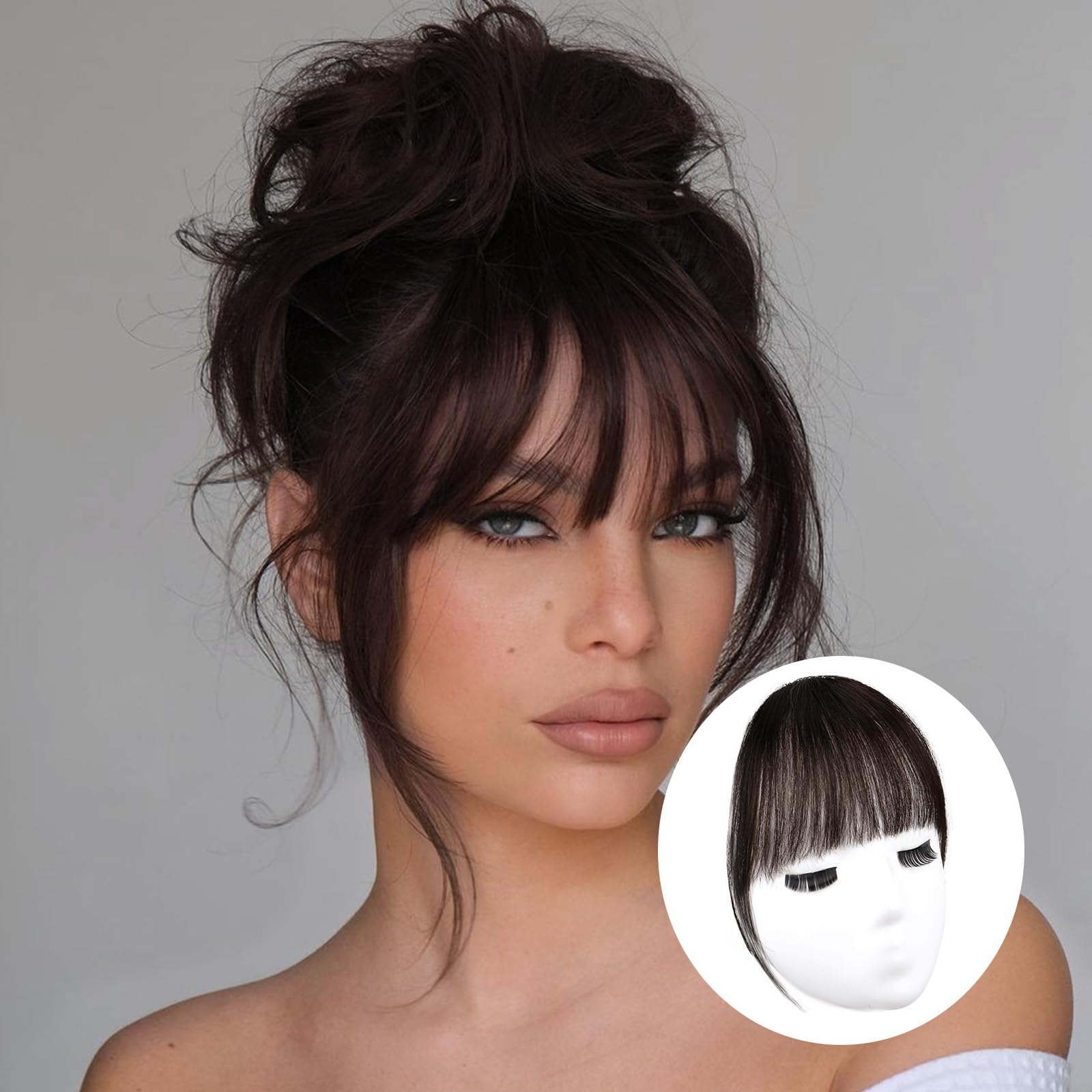 Bangs Hair Clip Dark Brown Clip in Bangs 100% Human Remy Hair Bangs Wispy Clip on Hair Extensions Fringe with Temples Hairpieces