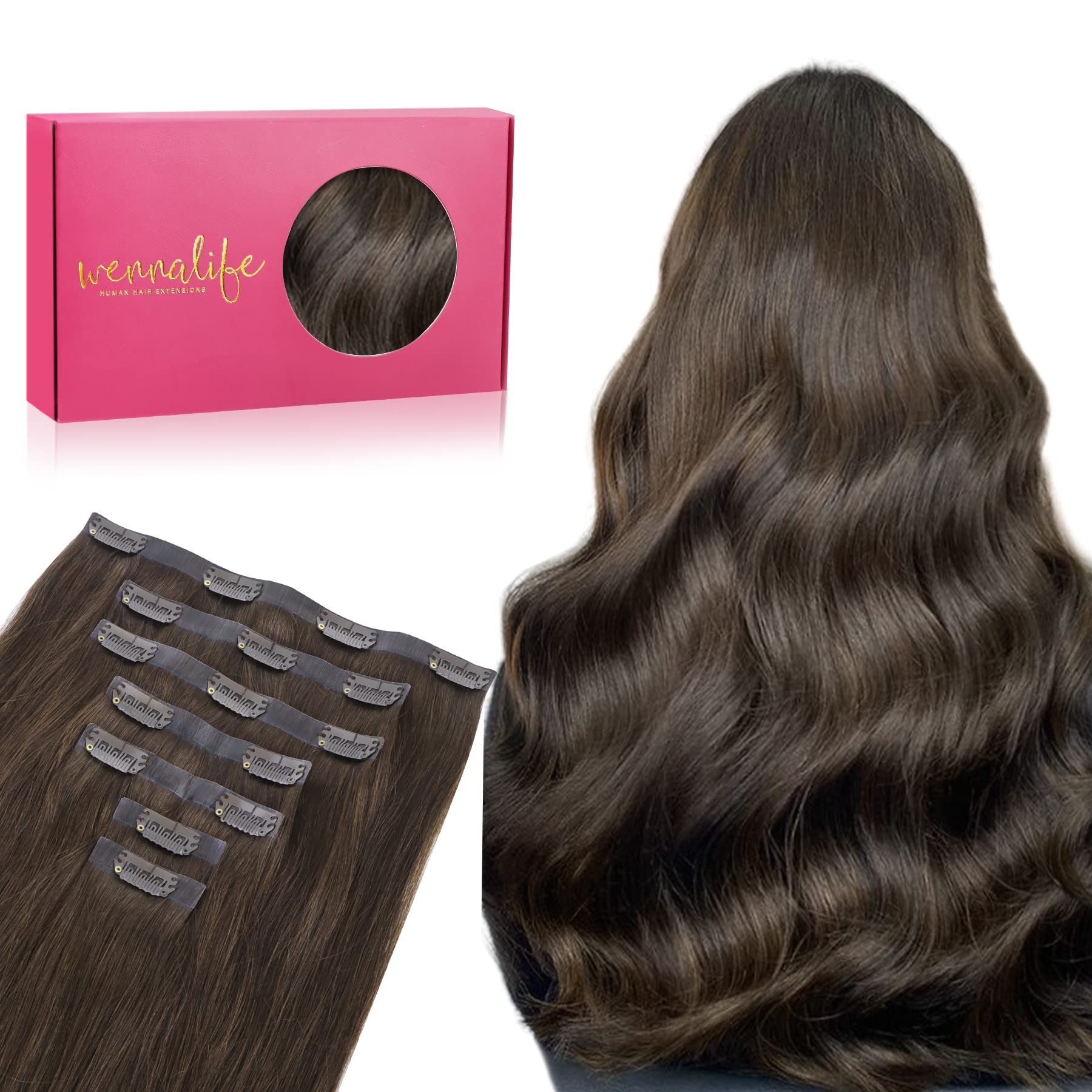 Wennalife Seamless Clip In Hair Extensions, 20 Inch 150G 7Pcs Light Dark Brown Hair Extensions Clip In Human Hair Invisible Pu S