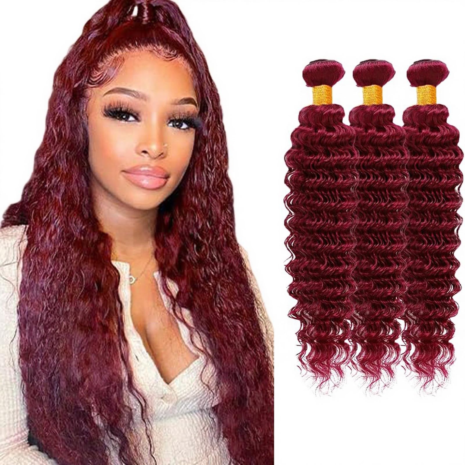 Kameinike 26 28 30 inch 99J Burgundy Human Hair Bundles Deep Wave 3 Pcs 300g Unprocessed Brazilian Virgin Quick Weave Hair Exten