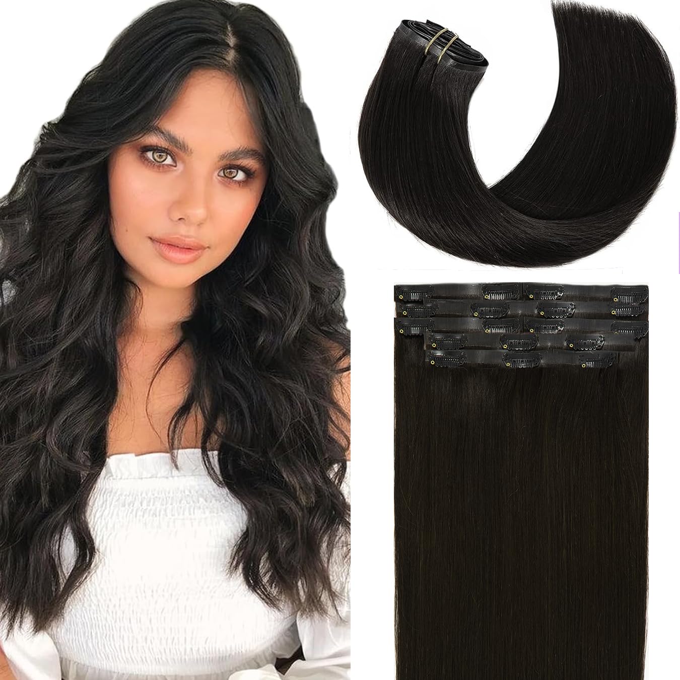 Loxxy Natural Black Clip in Hair Extensions Invisible Weft Straight Seamless Clip in Hair Extensions Real Human Hair 130g 7Pcs 1
