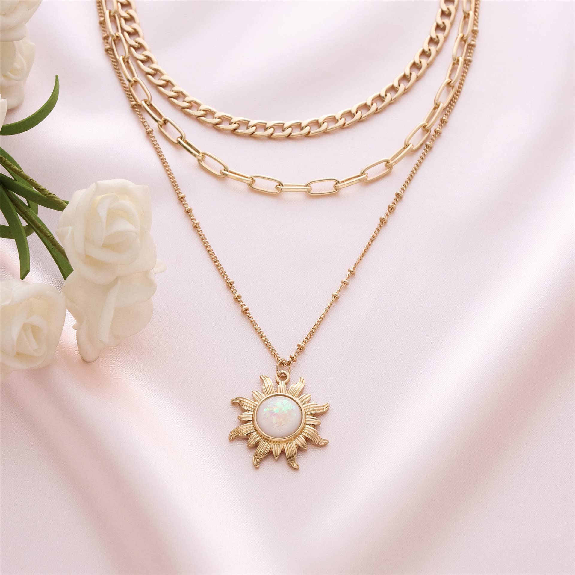 COLORFUL BLING Double Chains Moon and Sun Layered Choker Necklace Sunflower Opal Pendant Necklace Gift for Women-G three link su