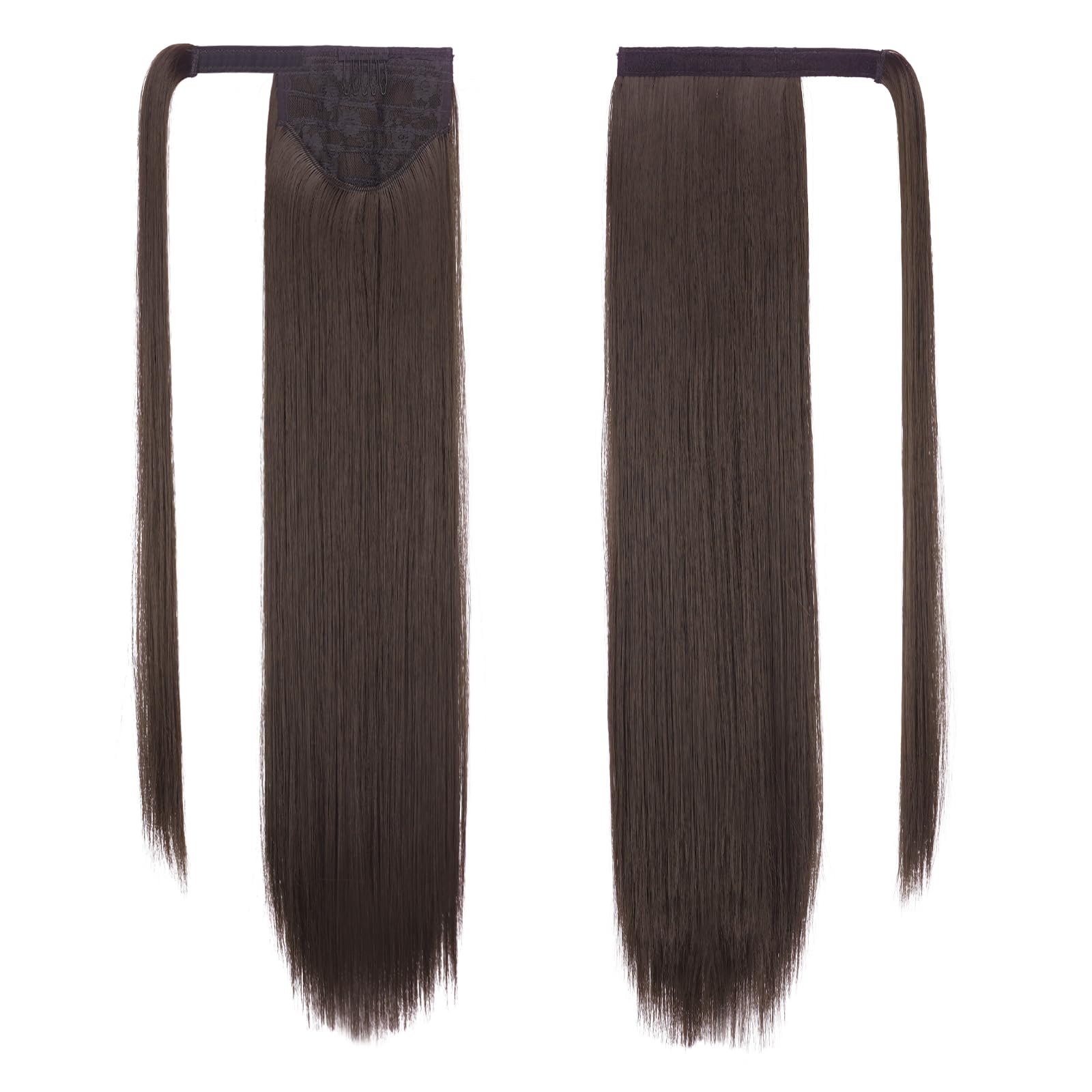 Feshfen Straight Long Ponytail Extensions 24 Inch Brown Wrap Around Synthetic Ponytails Hair Piece Pony Tail Hair Extensions Hai